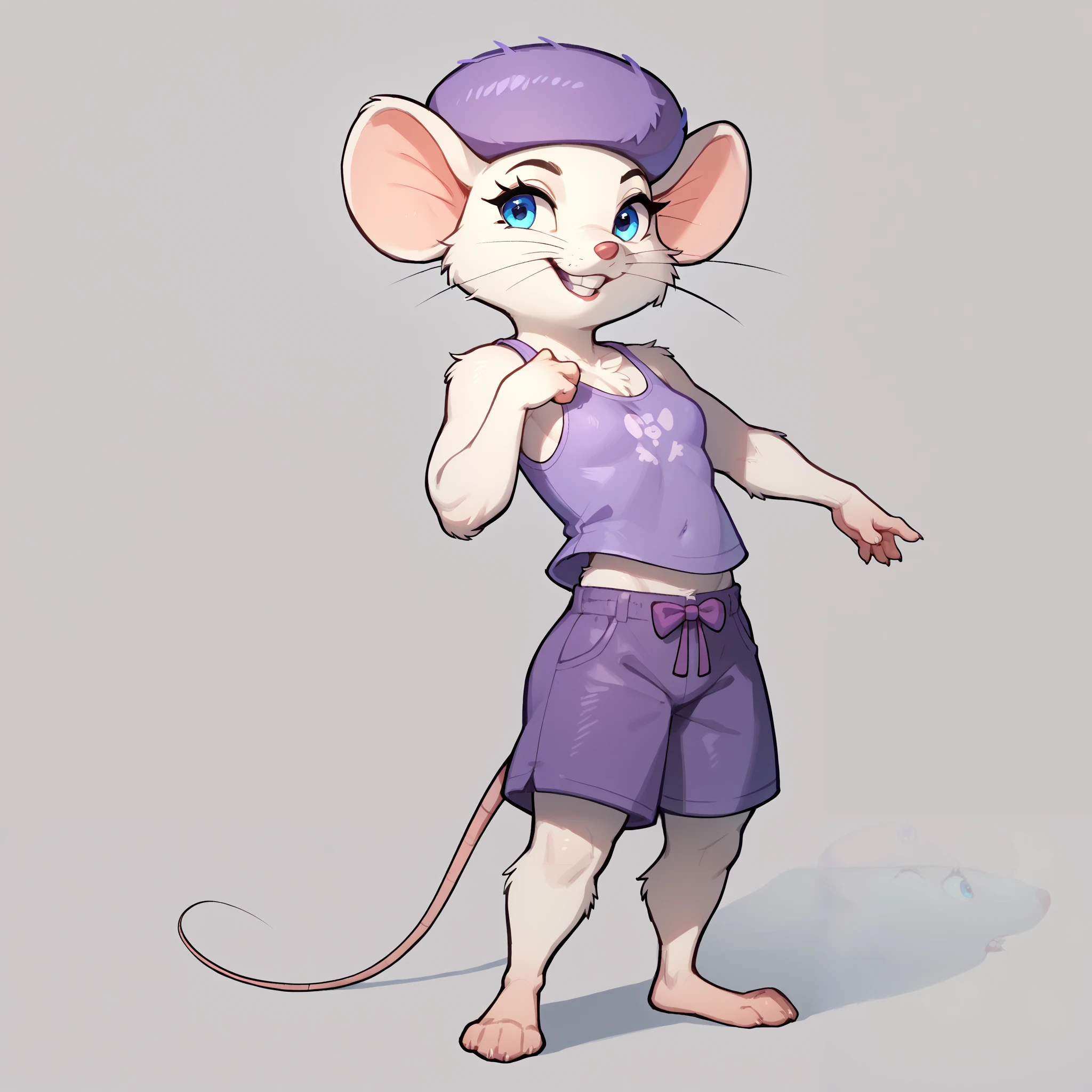 Score_9, score_8_up, score_7_up, Masterpiece, best quality, absurd res, solo, bianca, anthro furry white mouse girl, hat, whiskers, blue eyes, rodent, teeth, wearing purple tank top, purple shorts, small breasts, barefoot, feet paws four toes, standing, playful pose, simple grey background,