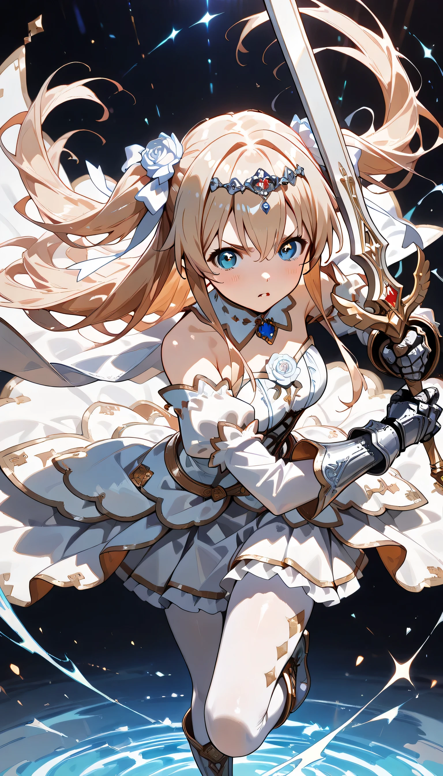((ultra-detailed)), (highly detailed CG illustration), (best quality:1.2), ultra-highly detailed, colorful composition, artistic photoshoot, solo focus, (upper body), moe anime character,  girl, dainty facial structure, babyface, round face, rounded chin, ideal ratio body proportions, celia-default, celia claire, blue eyes, sparkle eyes, two side up, hair ribbon, ample breasts, fantasy motif princess knight costume with sword weapon, matching design of pearl white metal plate armor and pastel pink dress, (white metal plate armor covers entire body:1.2), princess tiara decorated with beautiful jewels, wear elegant and beautifully decorated pearl white metal plate armor over a elegant pastel pink princess dress, white metal armor texture with an elegant luster, elaborate gold decorations, elizabeth color with jewelry brooch, ((serious:1.4)), ((holding  fantasy motif magical sword combat stance:1.4)), ((in a battle posture:1.4)), bare shoulder, cold shoulder, bare thighs, ((matching design white metal gauntlet with gold decoration, armed covers from elbow to wrist:1.2)), white metal heeled boots with gold decoration, corset shaped waist parts, lace-up, ribbon decoration, white pantyhose, pastel pink lace flared skirt, (layered skirt-hem), white tulle lace on skirt, wide A-line, mini skirt, long cape made of organza material with a beautiful gradation of white and pink, (glowing aura), ((dynamic pose:1.4)), (fighting in fantasy), expecting, pink cheek, pink gloss slip, portrait, depth of field, lighting, sidelighting, (shine), lighting, caustics, ray tracing, lustrous skin, highly detailed face, highly detailed eyes, perfect nose, perfect anatomy, beautiful hair, beautiful small face, beautiful detailed eyes, beautiful clavicle, beautiful body, beautiful breasts, leavage, breasts squeezed together, beautiful thin thighs, beautiful legs, beautiful fingers, lovely, (very detailed background:1.0), (highly detailed background:1.0), intricate details, chromatic aberration