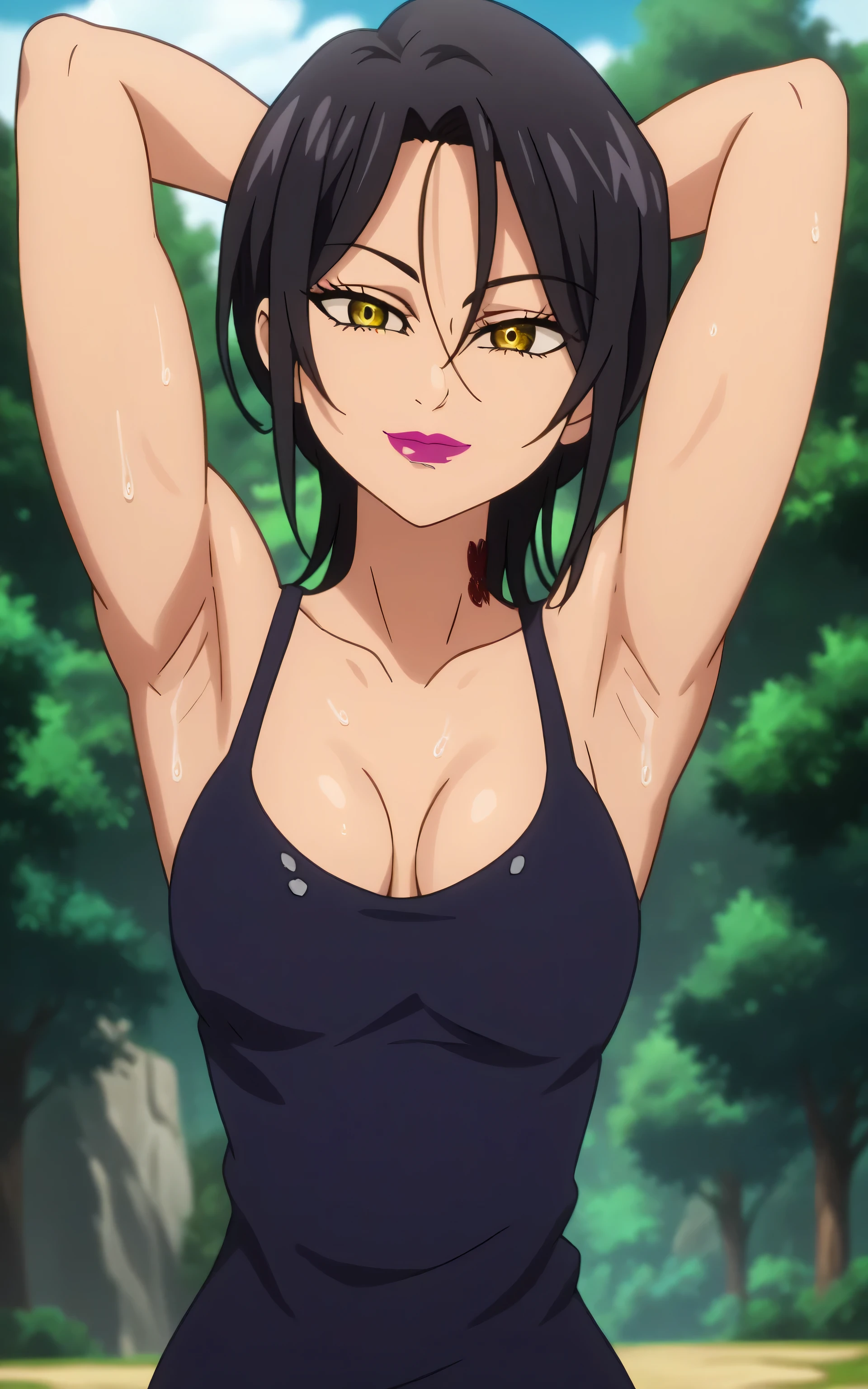 score_9, score_8_up, score_7_up, source_anime, masterpiece, best quality, amazing quality, anime screencap, 1girl, solo, mature woman, merlin-llts, short hair, black hair, yellow eyes, makeup, lipstick, breasts, medium breasts, slim body, black tank top, arms behind head, armpits, head towards viewer, looking at viewer, smile, closed mouth, outdoors, forest, sweaty