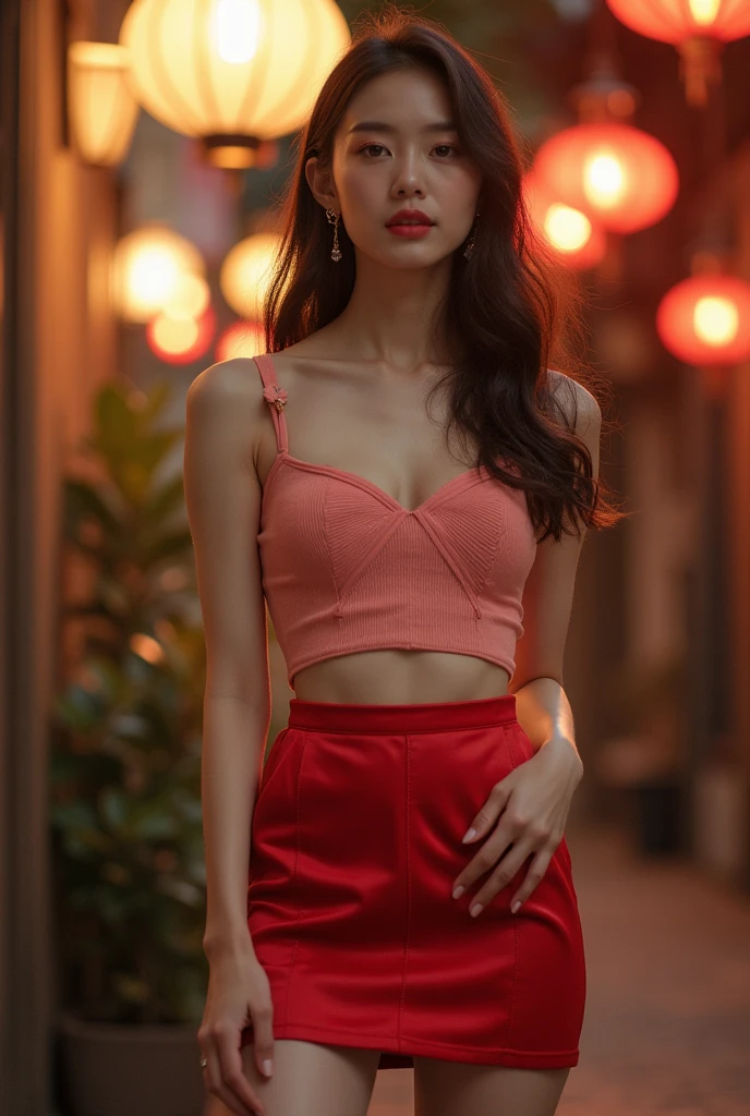 A photo of a young asian  woman, sitting in a cafe, wearing a white shirt and a tie,  short hair, slender, red lips, (transparent fabric:1.42)