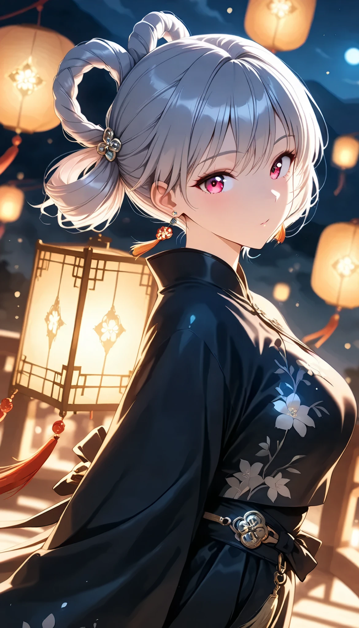 ( anime key visual ,  Character Emphasis , at viewer),  panorama, ( 1 girl, Alone,  Beautiful Double Knot Hairstyle , white &  gray hair),  Lantern Earrings ,  Earrings Shine , Women's Traditional Outfit ,  Beautiful Night Look ,  Break Beautiful Colorful Lanterns\ shine on a jewelry box \  Detailed Decorations  , 
(( masterpiece,  top quality,  extremely detailed,   is ridiculous,  so beautiful,  great quality, Floating in the Dark,  Beautiful Night Look ,   contrast between light and dark  ))