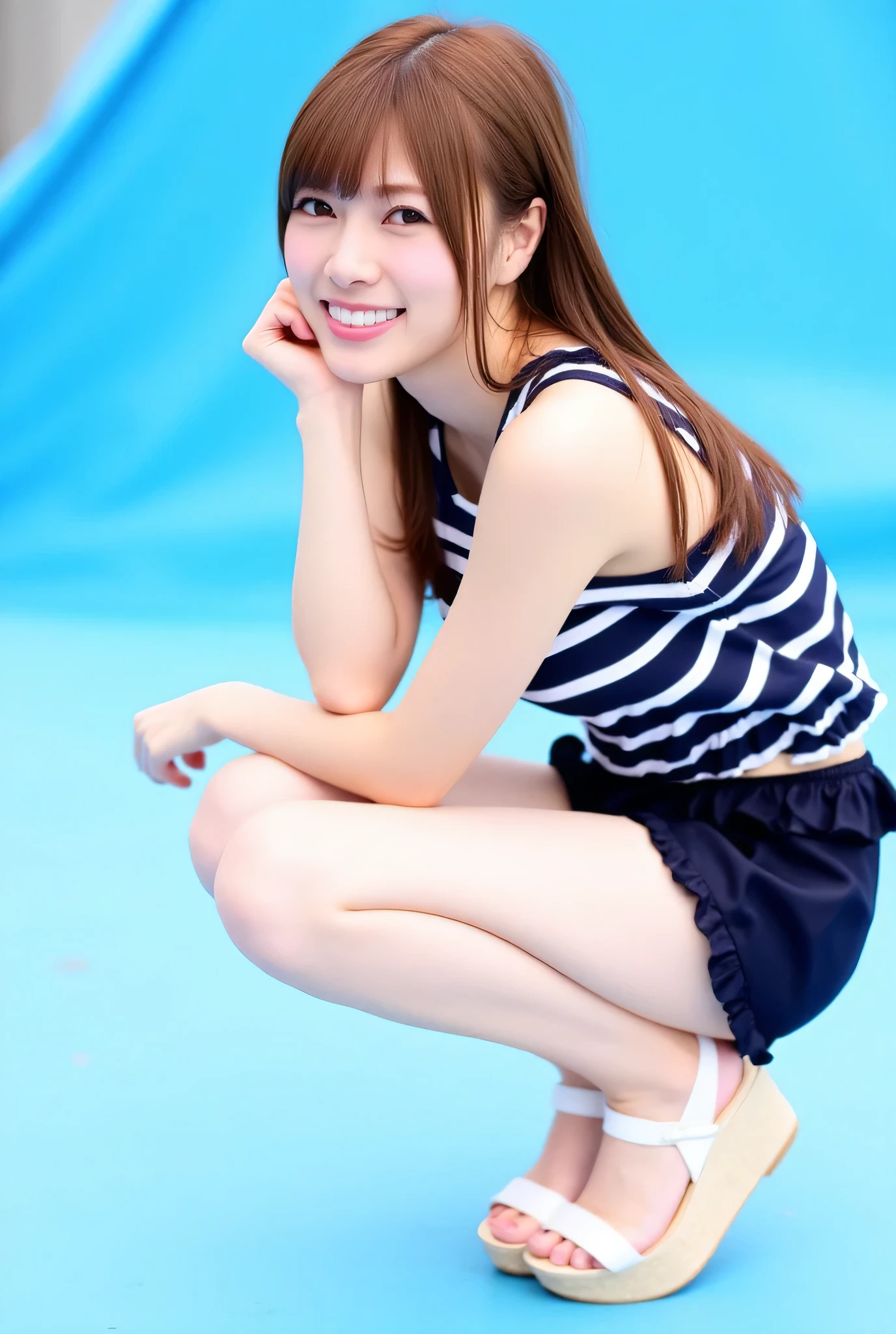 This image、 shows a young woman named Mai sitting with her knees bent and one hand on her chin. She has long straight hair and bangs . has a smiling face、 She's wearing a sleeveless top with dark blue and white horizontal stripes , and dark short shorts with ruffles at the bottom , Show me her pure white thighs . She has white platform sandals with ankle straps . The background looks like an outdoor setting with a blue surface .