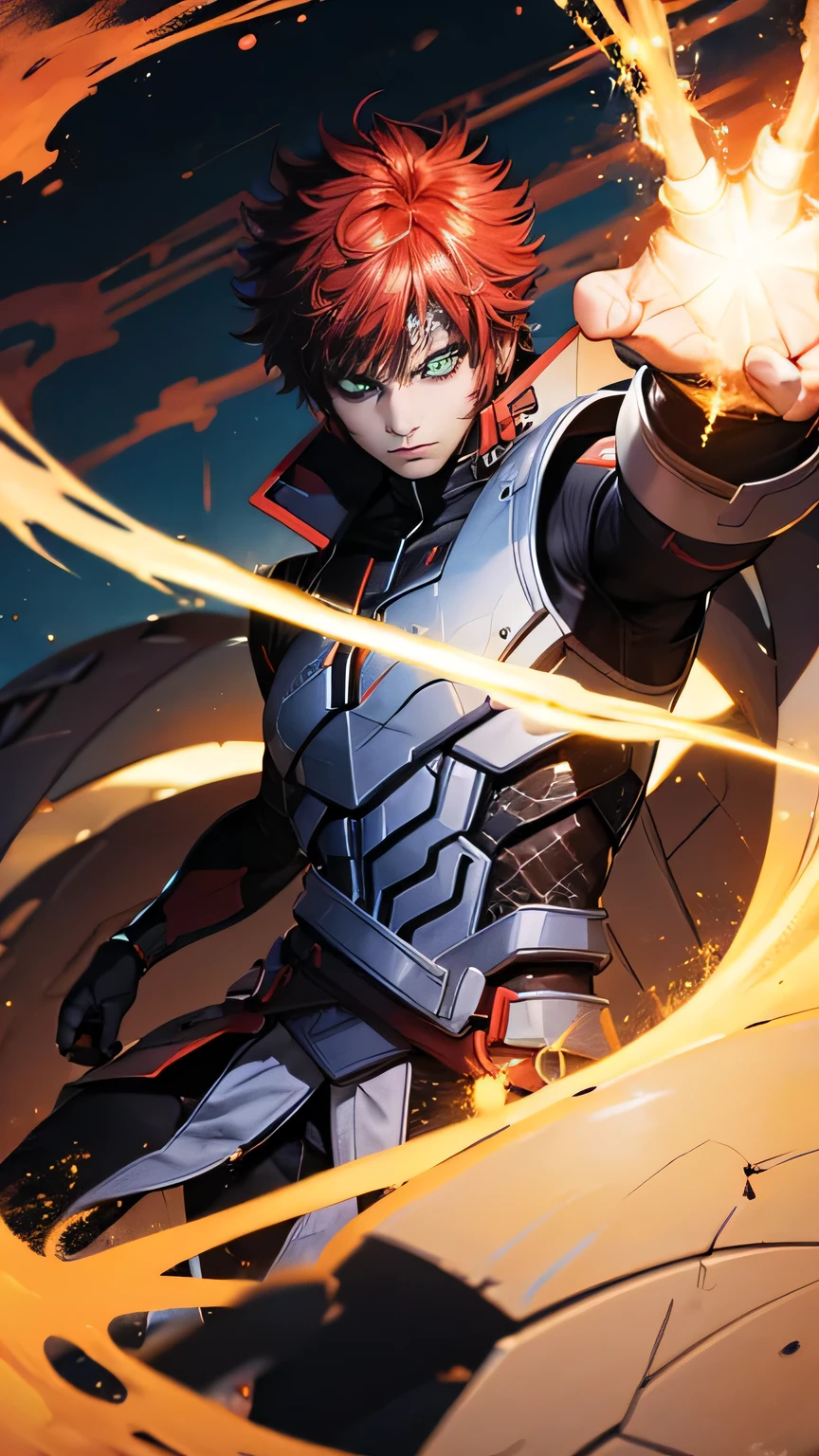 A powerful hero in a high-tech red armored suit with gold elements . His eyes glow brightly, radiating energy . Around the body — plasma energy flows and electrical discharges , smoky atmosphere with sparks and particles of energy . Background — a dark , that creates the effect of rapid speed , emphasizing the dynamics . Style — detailed aninetic me art with elements of cyberpunk and superhero aesthetics.