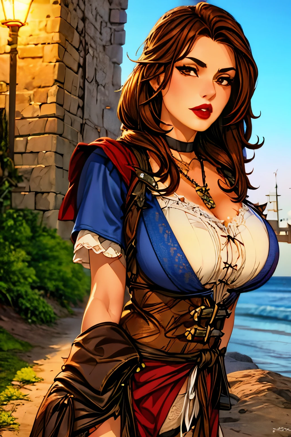 La mujer, ((poca ropa, ropa, pirate garb, botas hasta la rodilla, gloves, gargantilla, chocker, medias, stockings)), outdoor, insland, sea, muy detallado, night, Realistic long-term photography, 4k, (((pelo largo, brown hair, By the chestnut, labios rojos, sexy,red lips, brown eyes, big breasts, pechos grandes, Lucia Auditore, close up, upper body)))