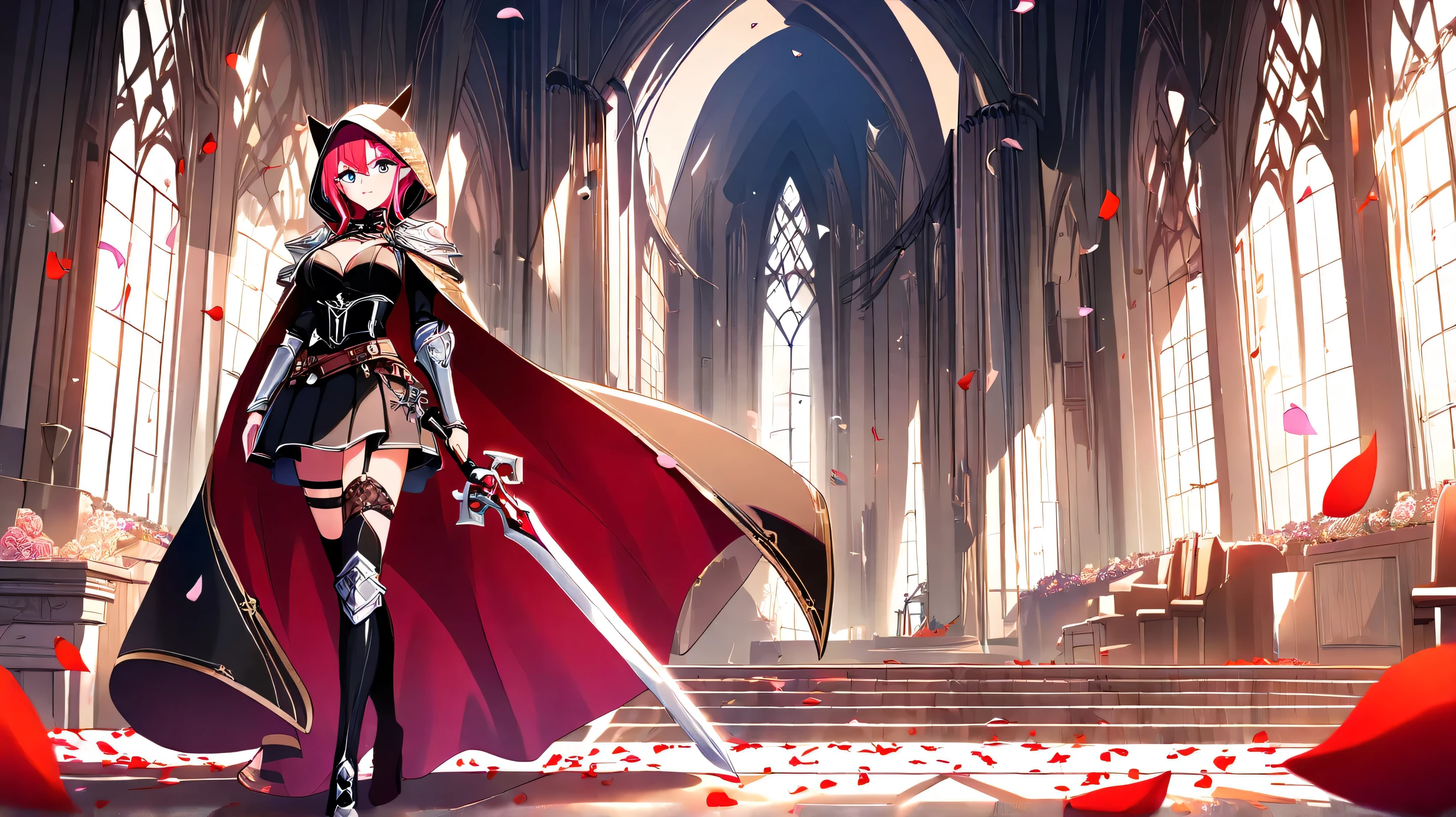 Masterpiece, Best Quality, Top Quality, Very Detailed, A stunning dark elf warrior queen walking gracefully through a grand, sunlit gothic garden filled with vibrant roses. She has piercing eyes and an air of authority, wearing an elegant black corset gown with intricate lace details and a flowing cape. Her hood partially covers her sharp, elven ears, adding a sense of mystery. She carries a sleek, deadly sword in one hand, and the soft glow of sunlight filtering through the wrought-iron gates creates a mesmerizing contrast between light and shadow. Rose petals float gently around her, emphasizing her regal presence.