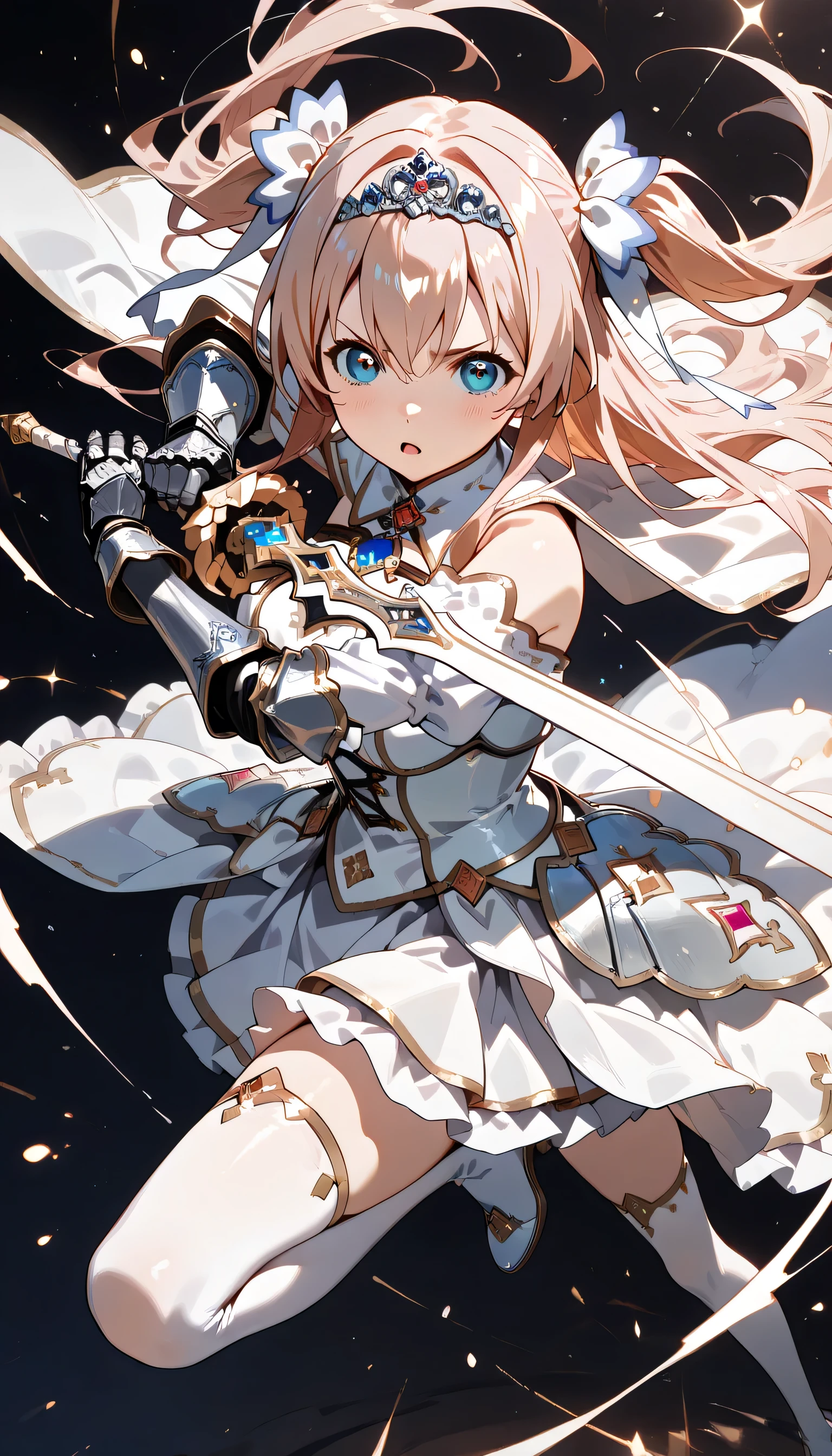 ((ultra-detailed)), (highly detailed CG illustration), (best quality:1.2), ultra-highly detailed, colorful composition, artistic photoshoot, solo focus, (upper body), moe anime character,  girl, dainty facial structure, babyface, round face, rounded chin, ideal ratio body proportions, celia-default, celia claire, blue eyes, sparkle eyes, two side up, hair ribbon, huge breasts, fantasy motif princess knight costume with sword weapon, matching design of pearl white metal plate armor and pastel pink dress, (white metal plate armor covers entire body:1.2), princess tiara decorated with beautiful jewels, wear elegant and beautifully decorated pearl white metal plate armor over a elegant pastel pink princess dress, white metal armor texture with an elegant luster, elaborate gold decorations, elizabeth color with jewelry brooch, ((serious:1.4)), ((holding  fantasy motif magical sword combat stance:1.4)), ((in a battle posture:1.4)), bare shoulder, cold shoulder, bare thighs, ((matching design white metal gauntlet with gold decoration, armed covers from elbow to wrist:1.2)), white metal heeled boots with gold decoration, corset shaped waist parts, lace-up, ribbon decoration, white pantyhose, pastel pink lace flared skirt, (layered skirt-hem), white tulle lace on skirt, wide A-line, mini skirt, long cape made of organza material with a beautiful gradation of white and pink, (glowing aura), ((dynamic pose:1.4)), (fighting in fantasy), expecting, pink cheek, pink gloss slip, portrait, depth of field, lighting, sidelighting, (shine), lighting, caustics, ray tracing, lustrous skin, highly detailed face, highly detailed eyes, perfect nose, perfect anatomy, beautiful hair, beautiful small face, beautiful detailed eyes, beautiful clavicle, beautiful body, beautiful breasts, leavage, breasts squeezed together, beautiful thin thighs, beautiful legs, beautiful fingers, lovely, (very detailed background:1.0), (highly detailed background:1.0), intricate details, chromatic aberration