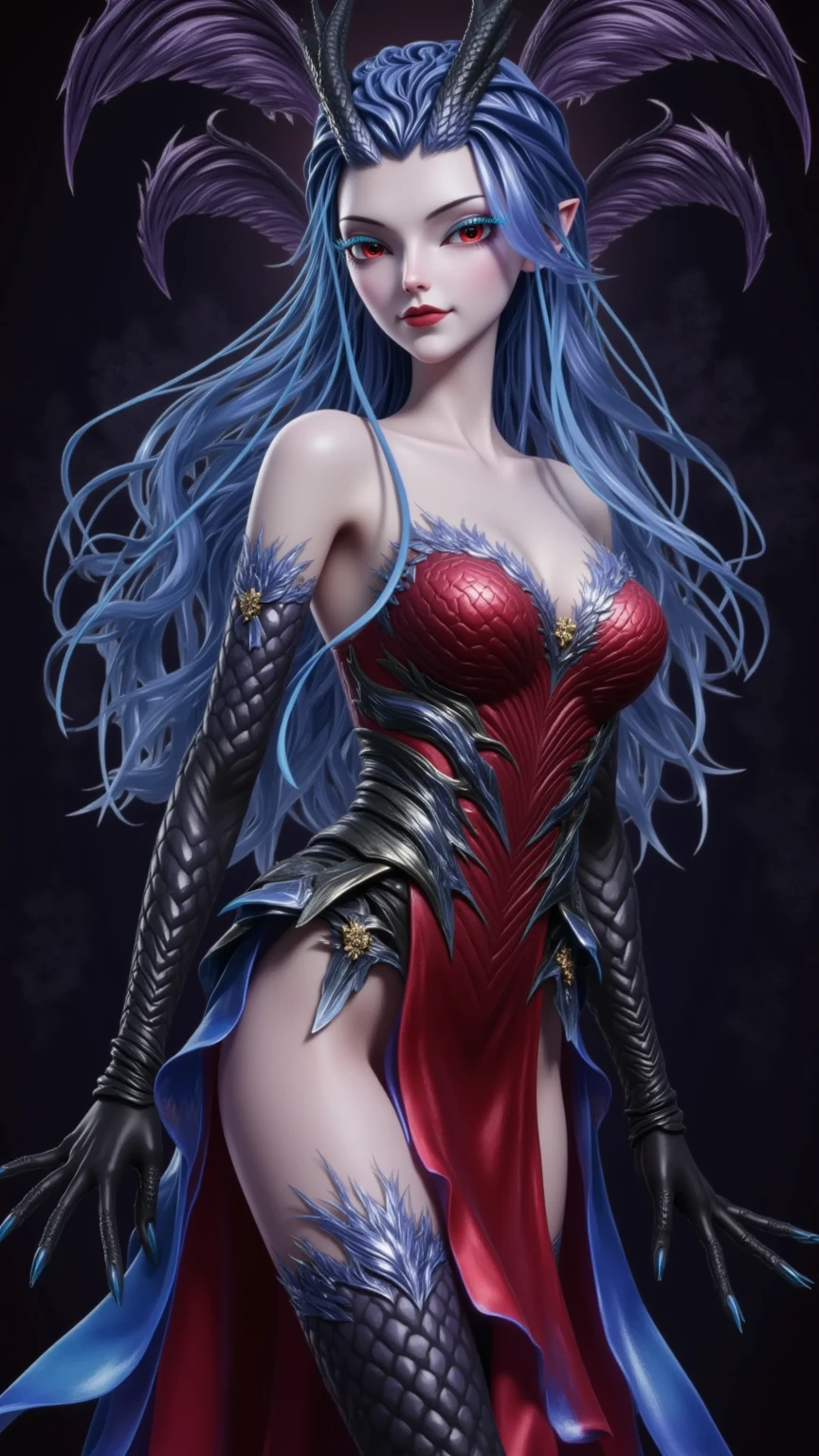 Blue nine-tailed dragon girl, (Bright blue hair), ((Big hair)), Double eyelids, Perfect figure, Nice face, Perfect Skin, Blue eyes, spirit princess, Blue Period、(Lightning)、