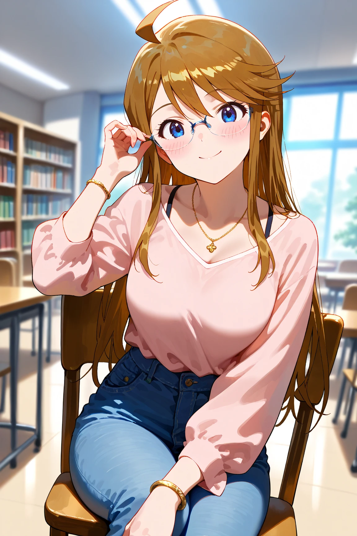 (masterpiece), (Highest quality), (Very detailed), (The best shape), (Best Shadow), (Absurd), (Detailed Background), (so beautiful), Shiny, Beautiful eyes in every detail, Extraordinary, Countershading, 8k, 32K, High resolution, Very Detailed CG,
score_9, score_8_up, score_7_up, source_anime,
cinematic, dramatic, (blurry background:1.2), (realistic background:1.4), depth of field, dynamic angle, dynamic pose,
1girl, solo,
Japan, library,
Tokoro Megumi, the idolm@ster million live!,
mgmtkr, medium breasts, long hair,
(casual wear:1.3), jeans, Long sleeve shirt, necklace, bracelet,
(blush:1.3),
(no lip:1.2),
wearing glasses,
smile,
focus on face,
close up shot,
realistic skin,
Shiny, skin,
(masterpiece, detailed:1.2),
sitting on a chair,
table,