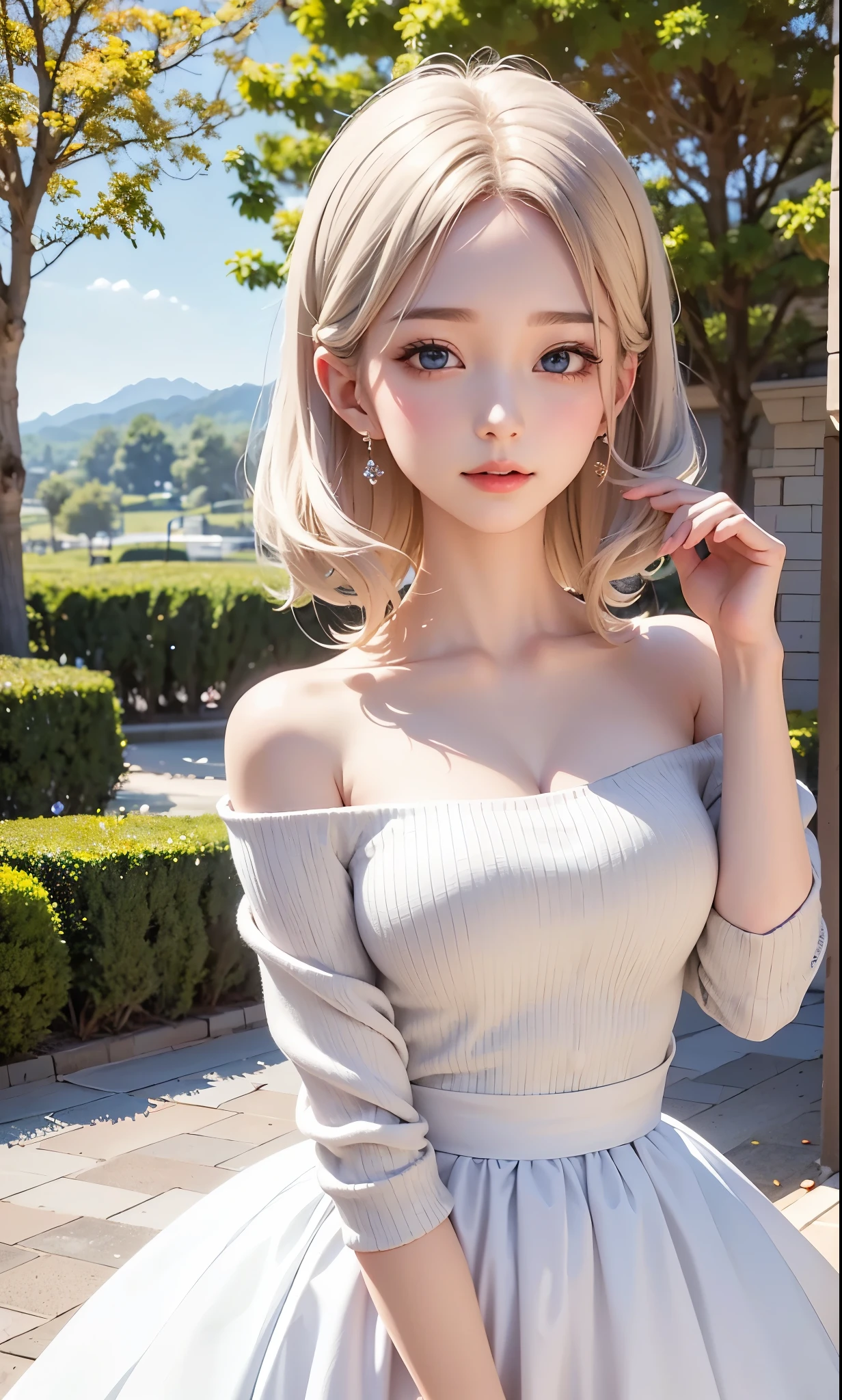 There is a woman in a white dress, artwork in the style of Gwaiz, Gwaiz on pixiv artstation, Gwaiz on artstation pixiv, Gwaiz, Fantasy art style, Gwaiz masterpiece, Beautiful and elegant queen, Beautiful character drawings, Detailed digital anime art, Blonde Princess, Gray Hair, Sky blue eyes, Pink Lips, off shoulder sweater, reika