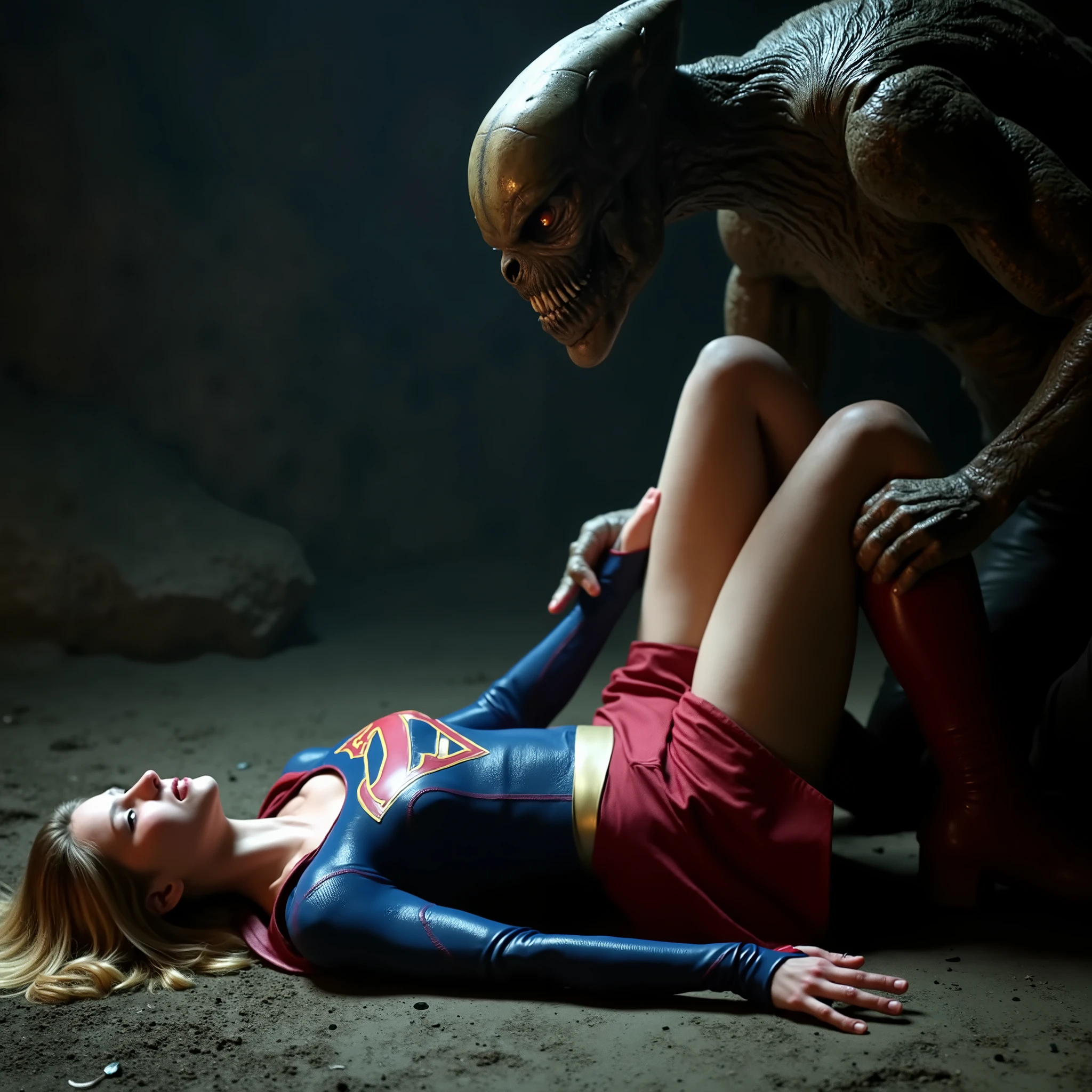 Supergirl is raped by an alien monster, very bright white skin, her legs are spread and wide out, can see whole body, She is wearing a thin black pantyhose, short red skirt, red knee height long boots, blonde hair, She is unconscious, seriously injured, painful, a fierce Alien Monster Straddling the body of Supergirl and attach between Supergirl legs, he spread her legs out and get in between her legs and push his private part in to her skirt, he push her chest and press her wrist down, photorealistic, hyperrealism, night time, underground cave,