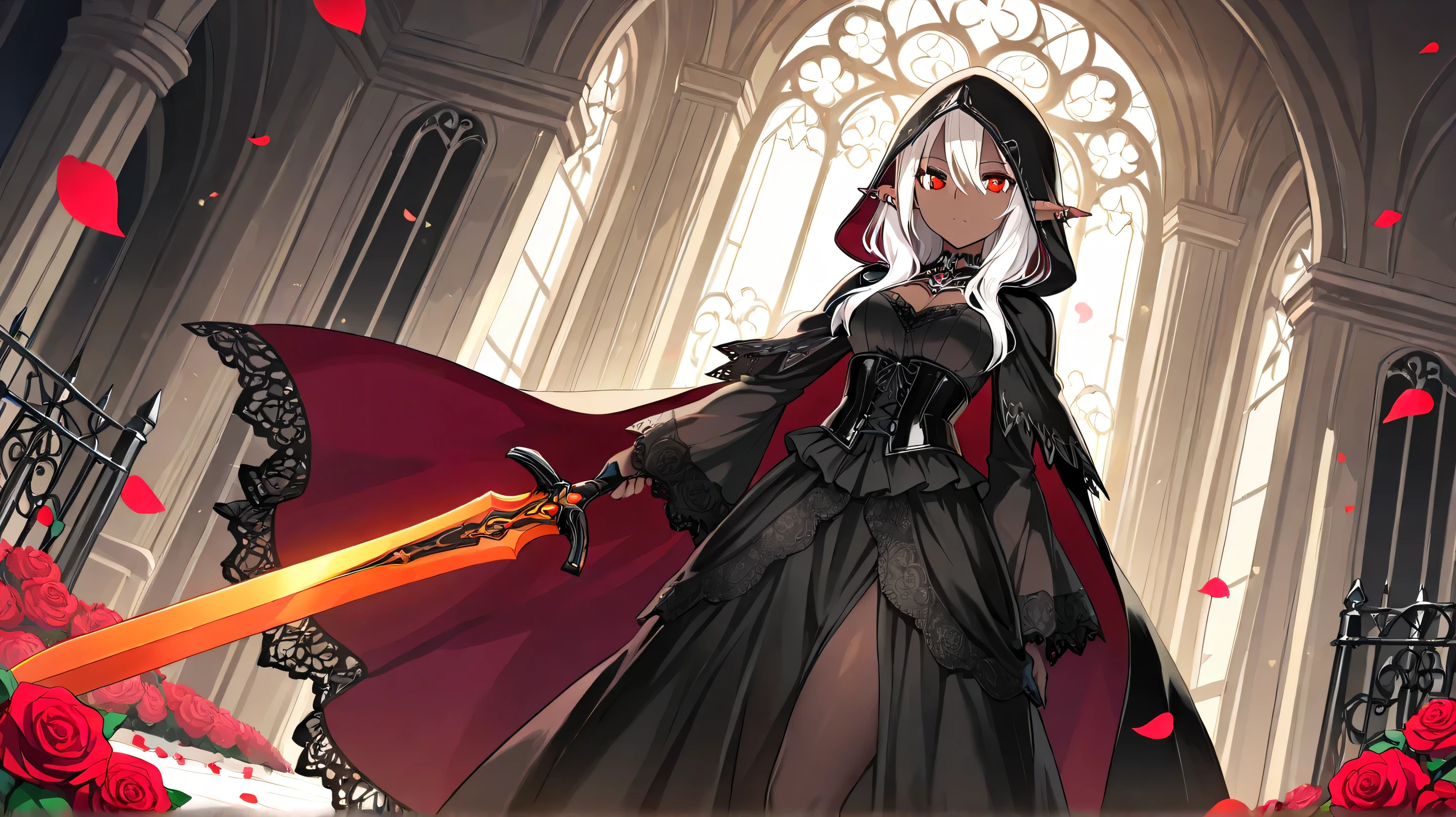 Masterpiece, Best Quality, Top Quality, Very Detailed, A stunning dark elf warrior queen walking gracefully through a grand, sunlit gothic garden filled with vibrant roses. She has piercing eyes and an air of authority, wearing an elegant black corset gown with intricate lace details and a flowing cape. Her hood partially covers her sharp, elven ears, adding a sense of mystery. She carries a sleek, deadly sword in one hand, and the soft glow of sunlight filtering through the wrought-iron gates creates a mesmerizing contrast between light and shadow. Rose petals float gently around her, emphasizing her regal presence.