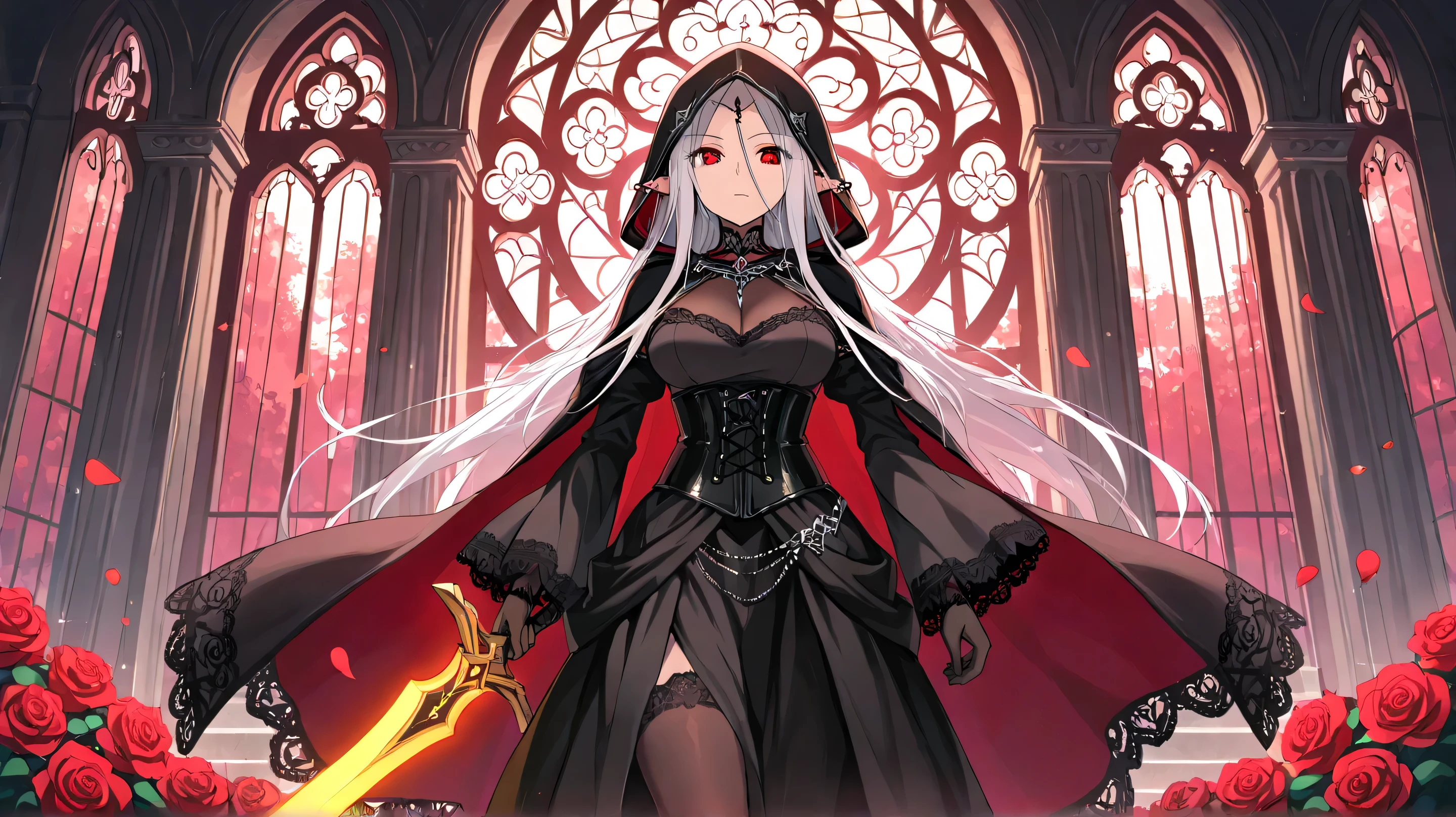 Masterpiece, Best Quality, Top Quality, Very Detailed, A stunning dark elf warrior queen walking gracefully through a grand, sunlit gothic garden filled with vibrant roses. She has piercing eyes and an air of authority, wearing an elegant black corset gown with intricate lace details and a flowing cape. Her hood partially covers her sharp, elven ears, adding a sense of mystery. She carries a sleek, deadly sword in one hand, and the soft glow of sunlight filtering through the wrought-iron gates creates a mesmerizing contrast between light and shadow. Rose petals float gently around her, emphasizing her regal presence.