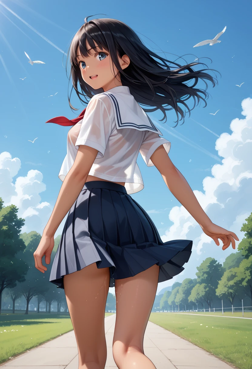 very cute and beautiful girl,(very detailed美しい顔),
(smile),serafuku,navy blue pleated mini skirt,
(think back,from behind),leaning forward,from below,white panties,
rural area,wooden fence,top of the hill,grassland,detailed landscape,
black hair,looking at the viewer,
(highest quality,masterpiece:1.2),disorganized,High resolution,super detailed,very detailed,32K,8K resolution,
intricate details,movie-like scene,detailed background,alone,dynamic angle,
hair blowing in the wind,beautiful and detailed sky,