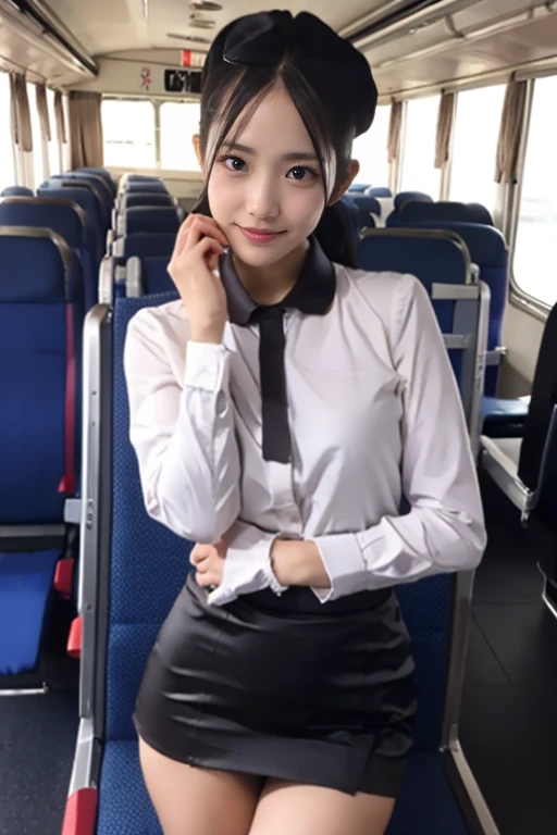 1 girl in、(Erika)Pose in front of the camera、(looking at viewert:1.2)、A smile、length hair、On the train、((a miniskirt))、((pencil skirts))、((Office Suits))、((pantyhose))、((vests))、Spread your legs apart