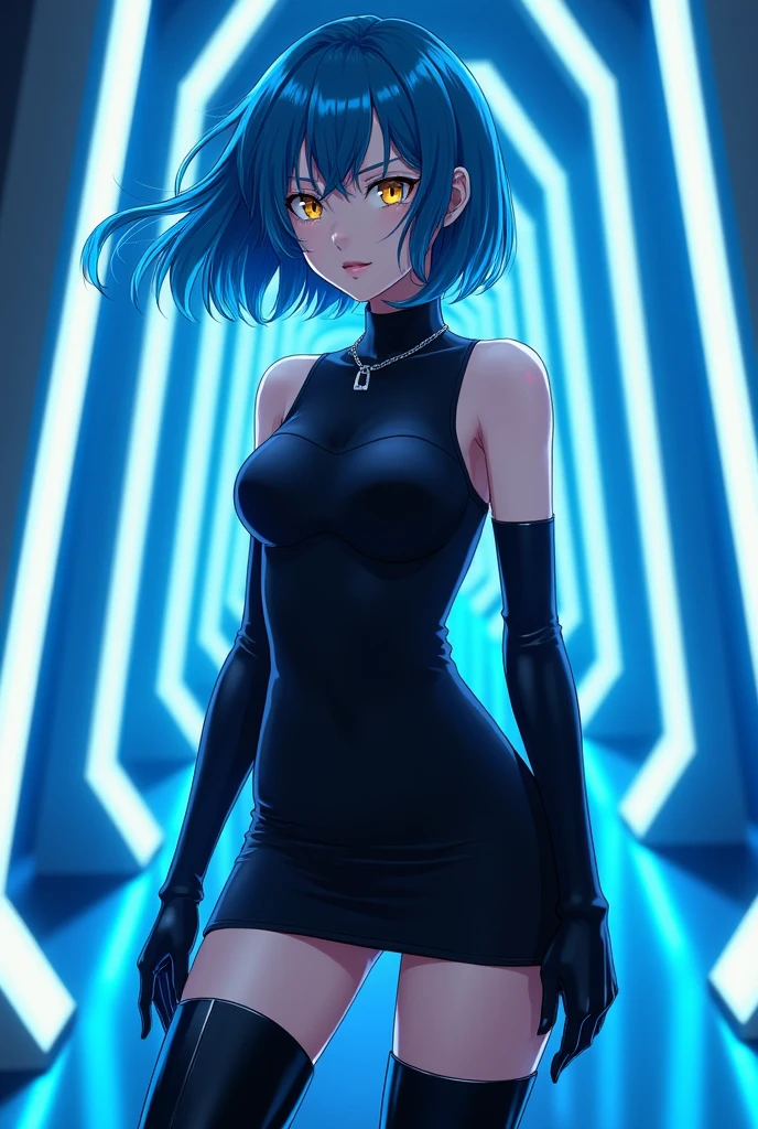 a beautiful woman in a tight black cloth outfit, accentuating her breasts and waist, matte clothing coloration, dark blue luminous hair, soaring