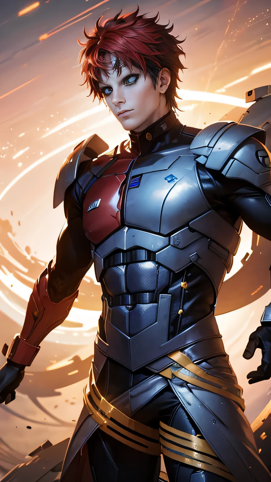 A powerful hero in a high-tech red armored suit with gold elements . His eyes glow brightly, radiating energy . Around the body — plasma energy flows and electrical discharges , smoky atmosphere with sparks and particles of energy . Background — a dark , that creates the effect of rapid speed , emphasizing the dynamics . Style — detailed aninetic me art with elements of cyberpunk and superhero aesthetics.