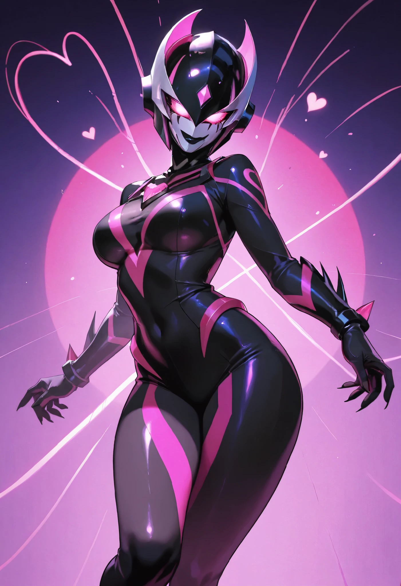 Dark UltraWoman. （high quality）（luster）（(Black Face and red eyeline)）（Black thema color. Purple thema color. black helmet. A full-face helmet. Pink lines. Purple glowing mechanical eyes. The whole body is covered with a black bodysuit. Thick legs. Spike decoration. Pink lines all over the body. Heart tattoo . purple coloreye. pink glow crystal. pink sharp claw. Night background.