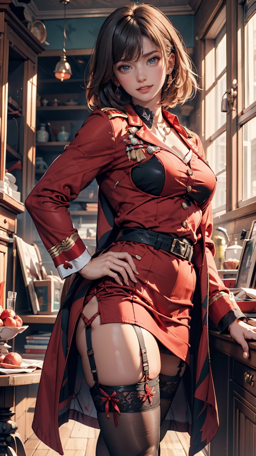 Woman with beautiful legs、black garter stockings、Red high heels、Long pencil skirt、Cyberbank