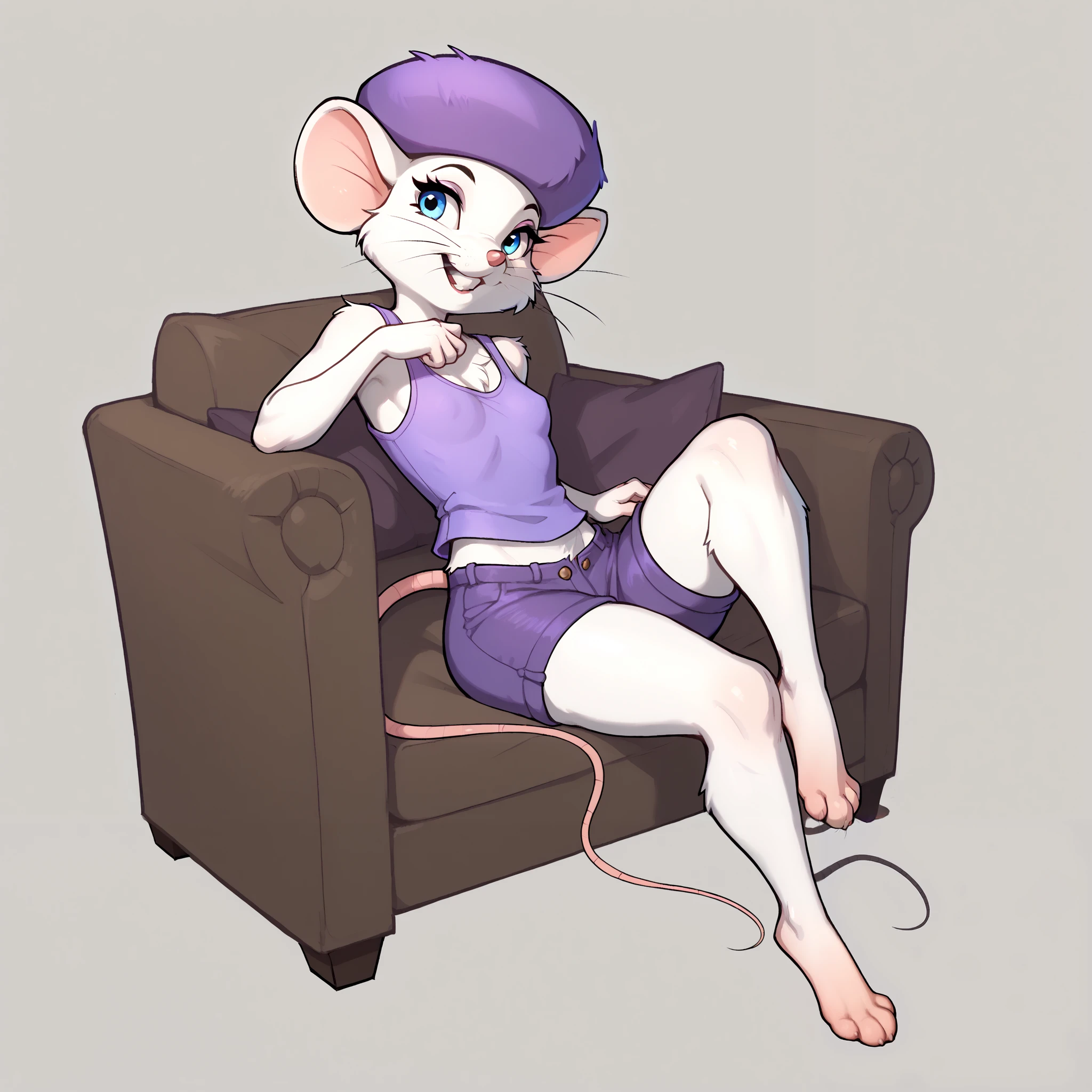 Score_9, score_8_up, score_7_up, Masterpiece, best quality, absurd res, solo, bianca, anthro furry white mouse girl, hat, whiskers, blue eyes, rodent, teeth, wearing purple tank top, purple short shorts, small breasts, barefoot, feet paws four toes, playful pose, sitting on a couch, simple grey background,