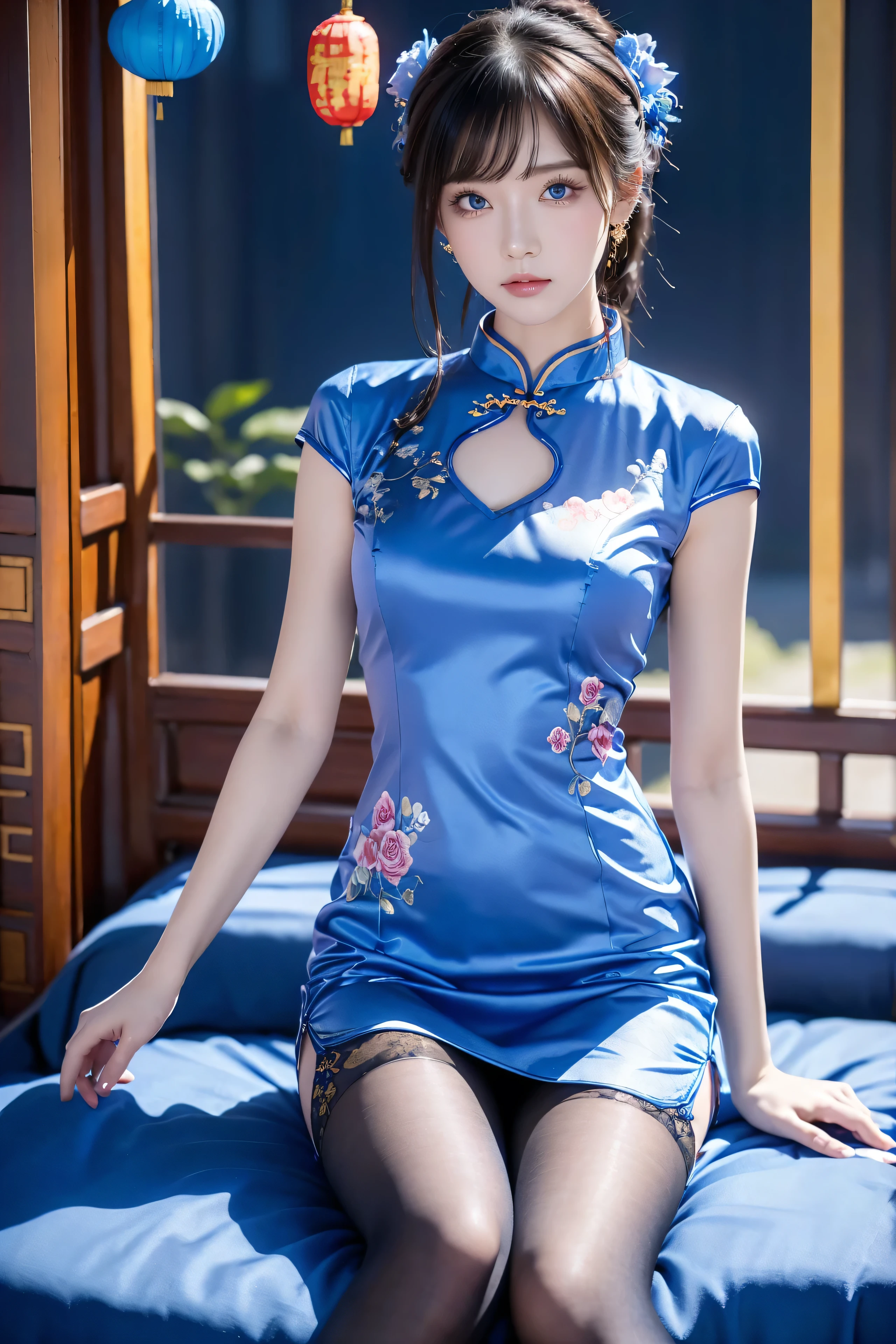 Cheongsam, 1 girl, blue bow, blue eyes, blue flowers, blue ribbon, blue rose, chest, Chinese clothing, Chinese clothing, dress, flower, gradient, gradient background, embroidered ball flower, looking at the audience, small chest, pantyhose, rose, single, thigh pantyhose, Chinese paper fan with painting on it,