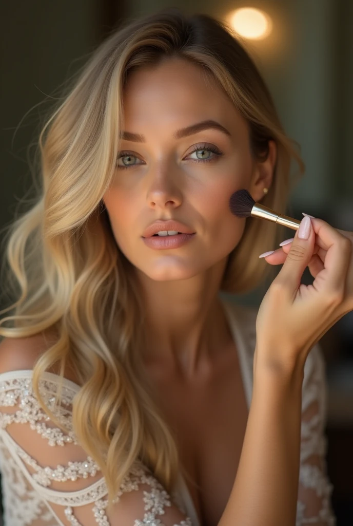 a beautiful young woman, 20 years old, long blonde hair, blue eyes, high cheekbones, applying makeup in a bathroom, realistic, photorealistic, photo-realistic, (best quality,4k,8k,highres,masterpiece:1.2),ultra-detailed,(realistic,photorealistic,photo-realistic:1.37),HDR,UHD,studio lighting,ultra-fine painting,sharp focus,physically-based rendering,extreme detail description,professional,vivid colors,bokeh,portrait