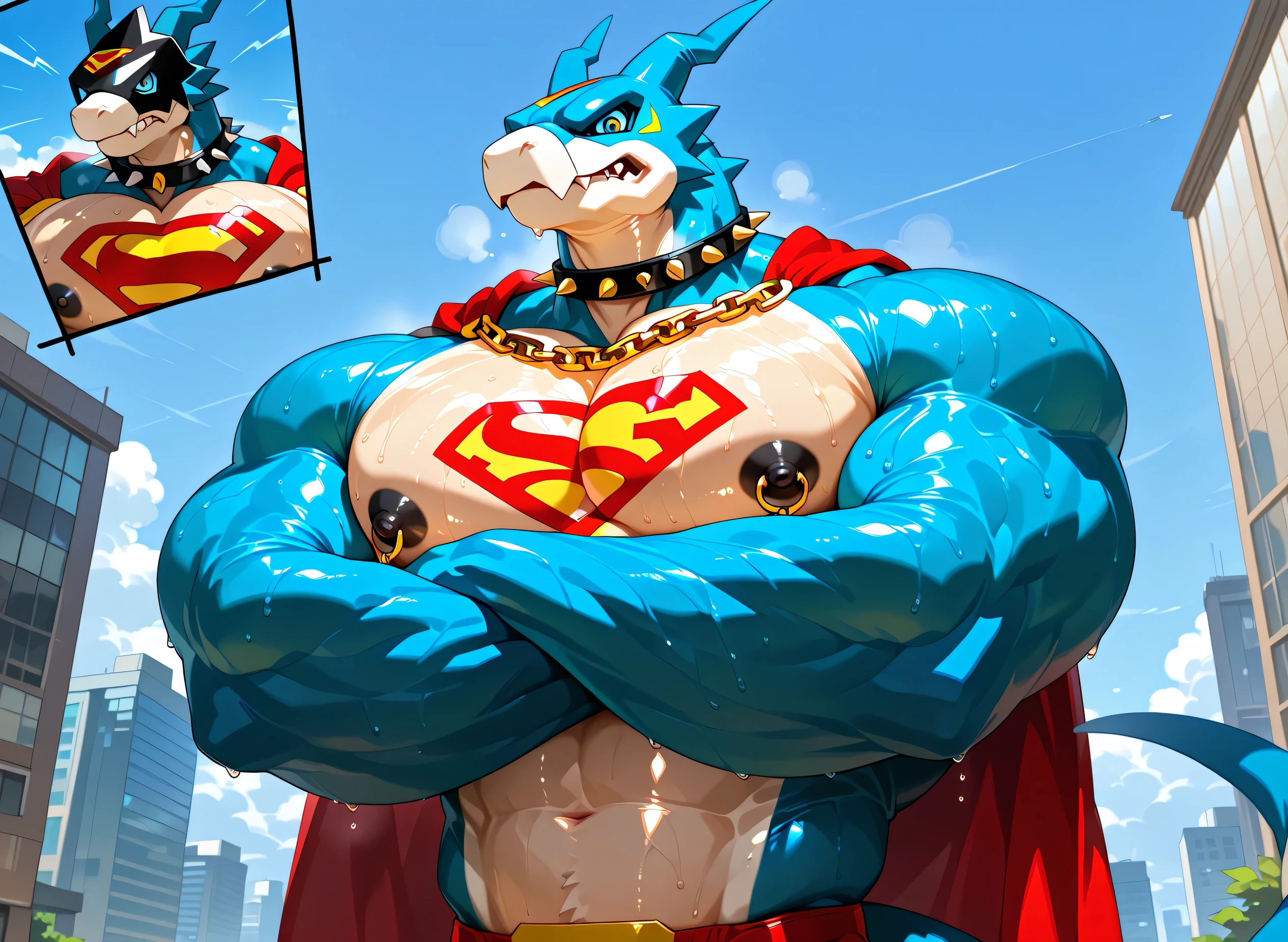 kemono, by null-ghost, by zixiong, solo, male, tail, Flamedramon, anthro, black nipples, big nipples, gold nipple rings, sweaty, handsome, broad shoulders, broad chest, huge muscular, posing, thick neck, thick arms, blue arms, pectorals crushing city, bedroom eyes, looking at viewer, angry, macro, city, buildings, wearing gold chains around neck, wearing a spiked collar on his neck, wearing superman outfit, superman symbol on center of chest, red cape, detailed background, sweaty, crossed arms, low view, close shot of chest and face, body fills frame, BREAK score_9_up,score_8_up,score_7_up,score_6_up,score_5_up,score_4_up