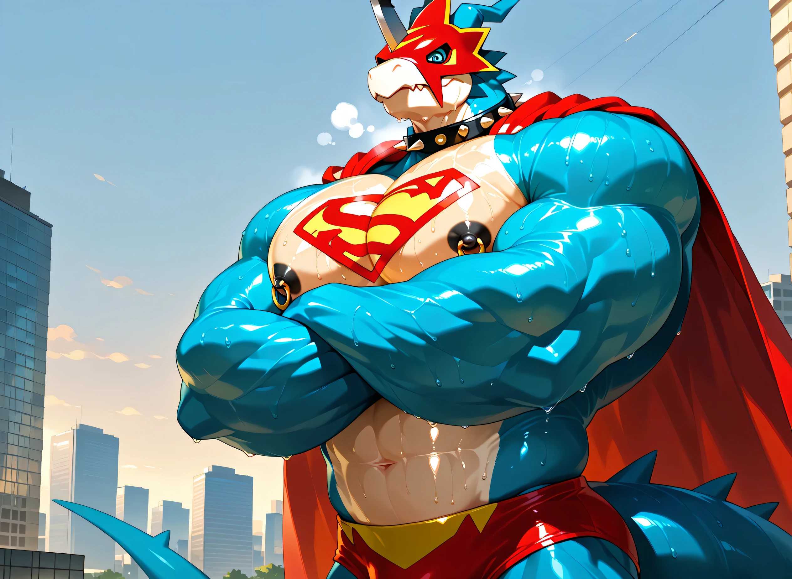 kemono, by null-ghost, by zixiong, solo, male, tail, Flamedramon, mask, anthro, black nipples, big nipples, gold nipple rings, sweaty, handsome, broad shoulders, broad chest, huge muscular, posing, thick neck, thick arms, blue arms, pectorals crushing city, bedroom eyes, looking at viewer, angry, macro, city, buildings, wearing gold chains around neck, wearing a spiked collar on his neck, wearing superman outfit, superman symbol on center of chest, red cape, detailed background, sweaty, crossed arms, low view, close shot of chest and face, body fills frame, BREAK score_9_up,score_8_up,score_7_up,score_6_up,score_5_up,score_4_up