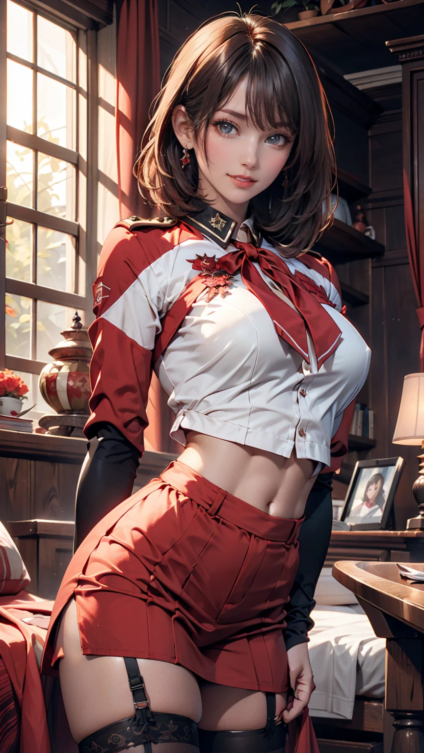 Chisato, 1 girl, bungs, indoor, short hair, smile, solo, is standing, ???? Poses, Mid-?????, red uniform, garter belt, stockings, hands behind, Red side ribbon,  Licorice Reaction Uniform,
