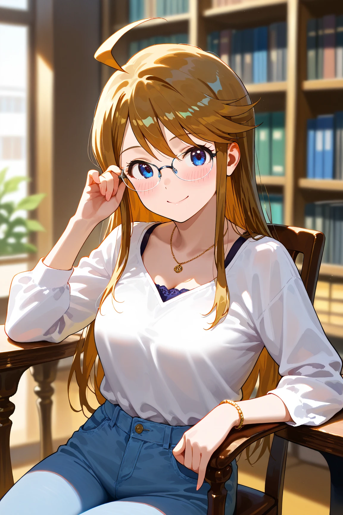 (masterpiece), (Highest quality), (Very detailed), (The best shape), (Best Shadow), (Absurd), (Detailed Background), (so beautiful), Shiny, Beautiful eyes in every detail, Extraordinary, Countershading, 8k, 32K, High resolution, Very Detailed CG,
score_9, score_8_up, score_7_up, source_anime,
cinematic, dramatic, (blurry background:1.2), (realistic background:1.4), depth of field, dynamic angle, dynamic pose,
1girl, solo,
Japan, library,
Tokoro Megumi, the idolm@ster million live!,
mgmtkr, medium breasts, long hair,
(casual wear:1.3), jeans, Long sleeve shirt, necklace, bracelet,
(blush:1.3),
(no lip:1.2),
wearing glasses,
smile,
focus on face,
close up shot,
realistic skin,
Shiny, skin,
(masterpiece, detailed:1.2),
sitting on a chair,
table,