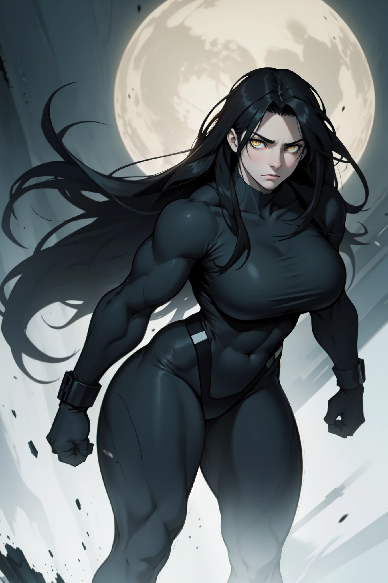 girl 1girl pale skin black hair yellow eyes very long hair black leggings tight long sleeve black t-shirt frown muscular muscular muscular muscular muscular thick thighs thick thighs huge breasts black leggings tight long sleeve black t-shirt black leggings tight long sleeve black t-shirt simple background