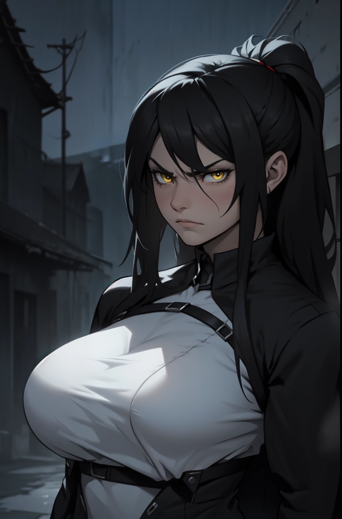 1 girl muscular black hair yellow eyes huge breasts pale skin expressionless sad expressionless sad