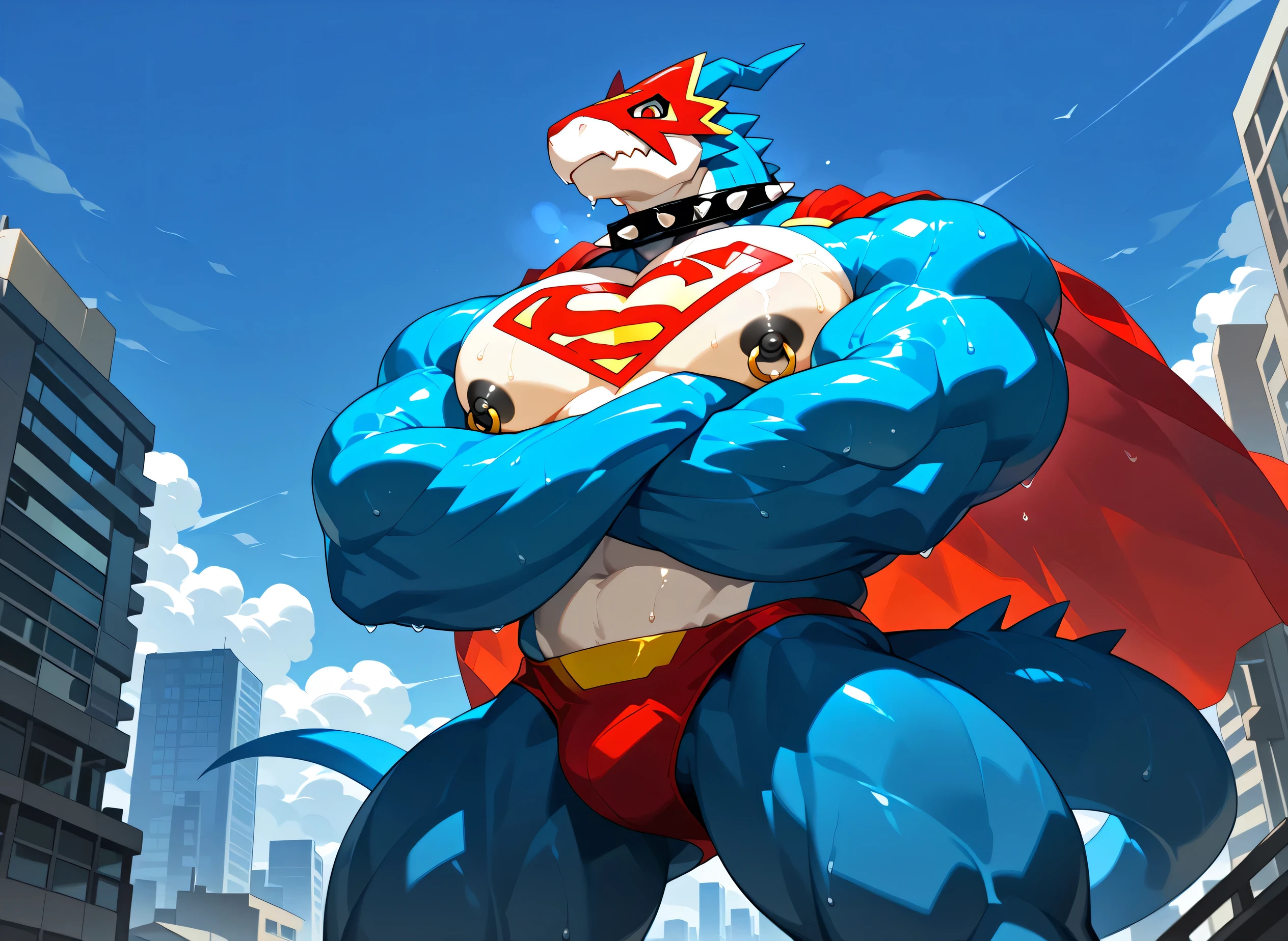 kemono, by null-ghost, by zixiong, solo, male, tail, Flamedramon, mask, red eyes, anthro, black nipples, big nipples, gold nipple rings, sweaty, handsome, broad shoulders, broad chest, huge muscular, posing, thick neck, thick arms, blue arms, pectorals crushing city, bedroom eyes, looking at viewer, angry, macro, city, buildings, wearing gold chains around neck, wearing a spiked collar on his neck, wearing superman outfit, superman symbol on center of chest, red cape, detailed background, sweaty, crossed arms, looking at viewer, low view, close shot of chest and face, body fills frame, BREAK score_9_up,score_8_up,score_7_up,score_6_up,score_5_up,score_4_up