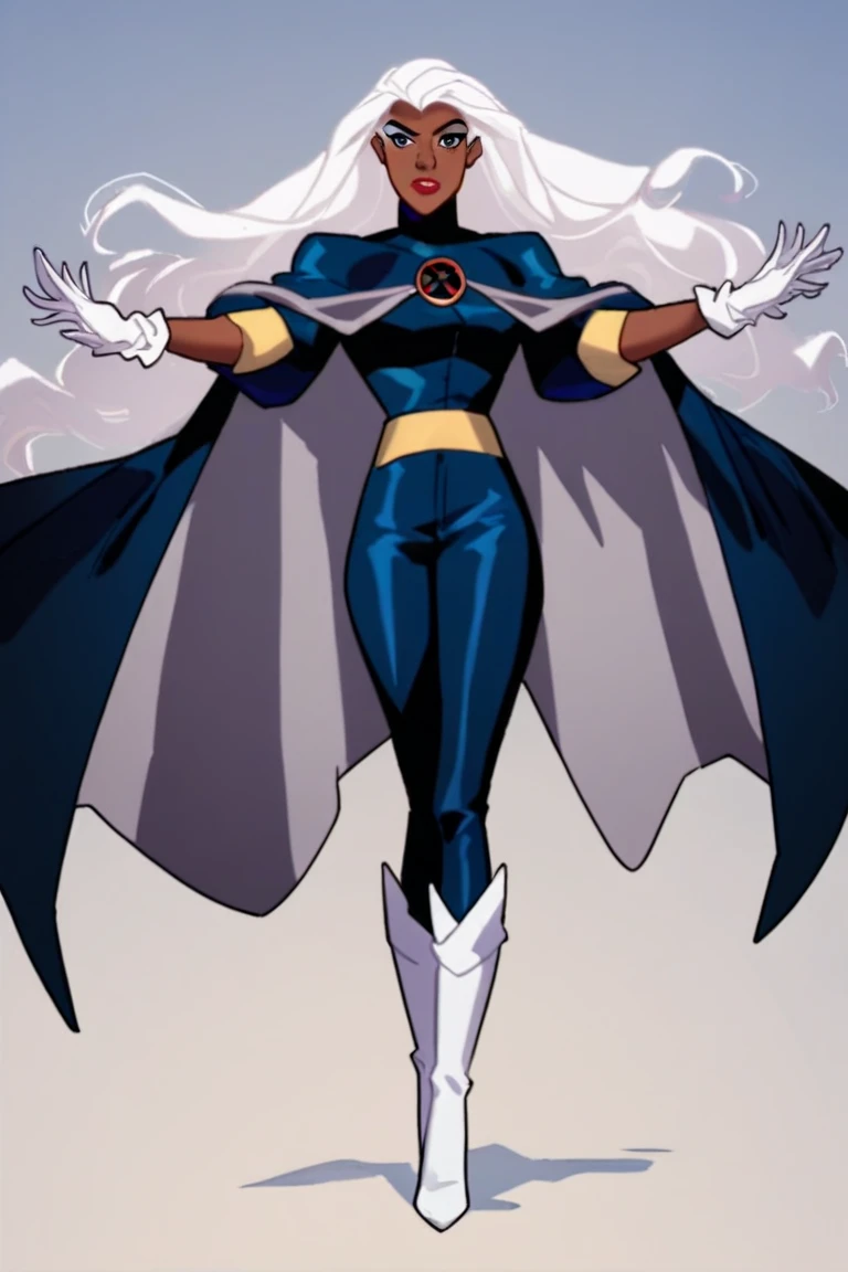 source_anime, source_cartoon, rating_safe 1girl, solo storm, dark skin, long hair, white hair, dark-skinned female, makeup, lipstick, white gloves, superhero outfit, long cape, white heels boots, standing