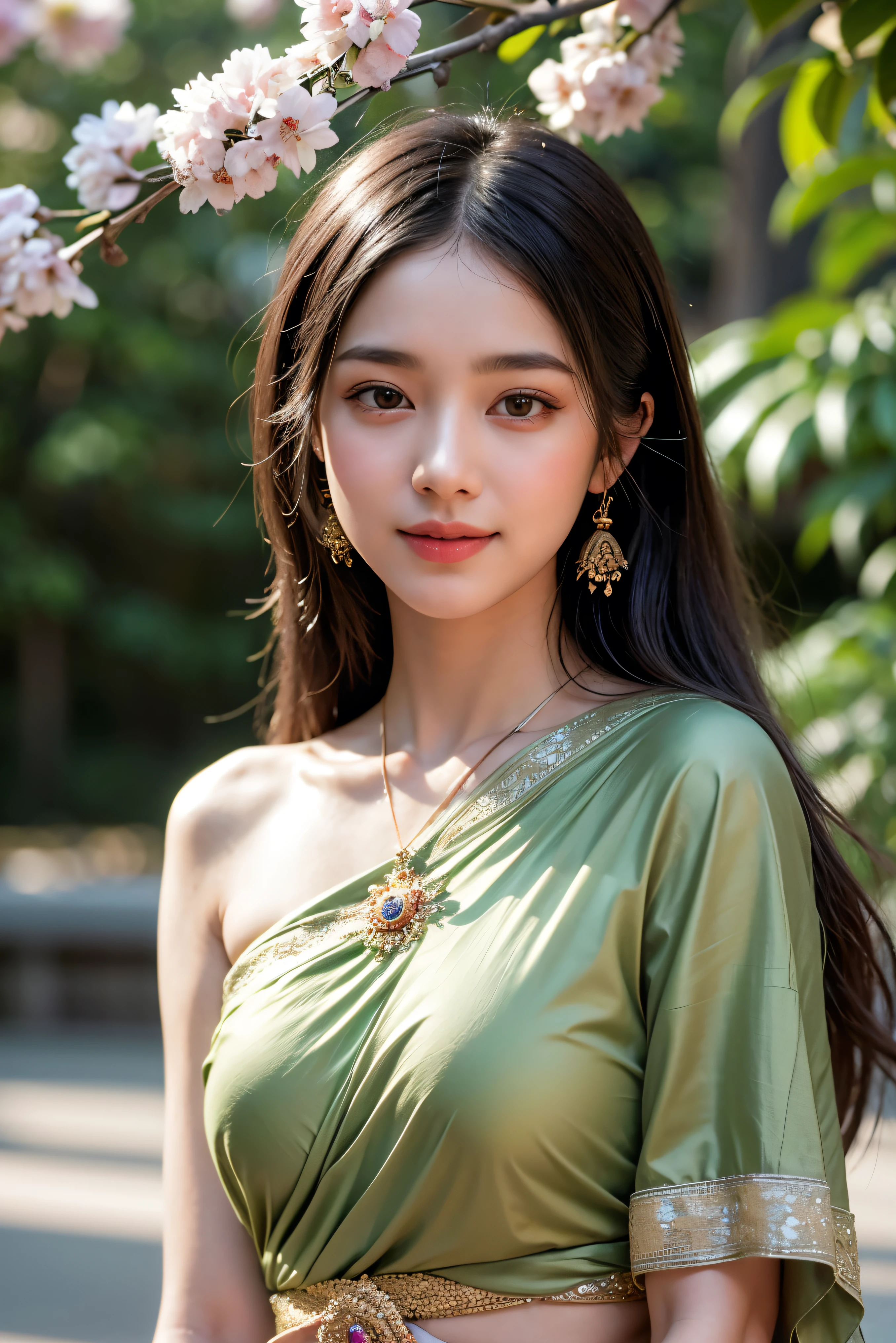 8K, ultra high detailed, an thai girl, cute face, happy, long hair, impressive hairstyle, detailed eyes, detailed lips, thai clothes, saree, green saree, lace, wearing jewellery, nature background, flowers, afternoon, shadow, clear weather, whole body capture, smile, nsfw