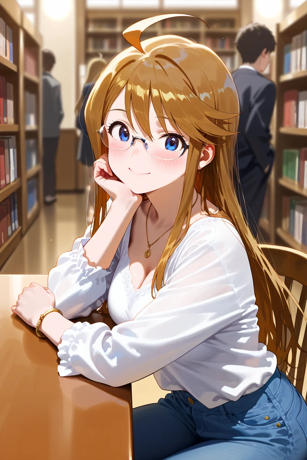(masterpiece), (Highest quality), (Very detailed), (The best shape), (Best Shadow), (Absurd), (Detailed Background), (so beautiful), Shiny, Beautiful eyes in every detail, Extraordinary, Countershading, 8k, 32K, High resolution, Very Detailed CG,
score_9, score_8_up, score_7_up, source_anime,
cinematic, dramatic, (blurry background:1.2), (realistic background:1.4), depth of field, dynamic angle, dynamic pose,
1girl, solo,
Japan, library,
Tokoro Megumi, the idolm@ster million live!,
mgmtkr, medium breasts, long hair,
(casual wear:1.3), jeans, Long sleeve shirt, necklace, bracelet,
(blush:1.3),
(no lip:1.2),
wearing glasses,
smile,
focus on face,
close up shot,
realistic skin,
Shiny, skin,
(masterpiece, detailed:1.2),
sitting on a chair,
table,