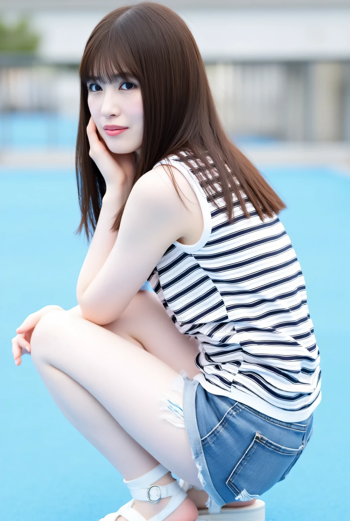This image、 Show a young woman named Aya sitting with her knees bent and one hand on her chin I'm doing. She has long straight hair and bangs . She wears a sleeveless top with black and white horizontal stripes , and distressed denim shorts , Show me her pure white thighs . She has white platform sandals with ankle straps . The background looks like an outdoor setting with a blue surface .