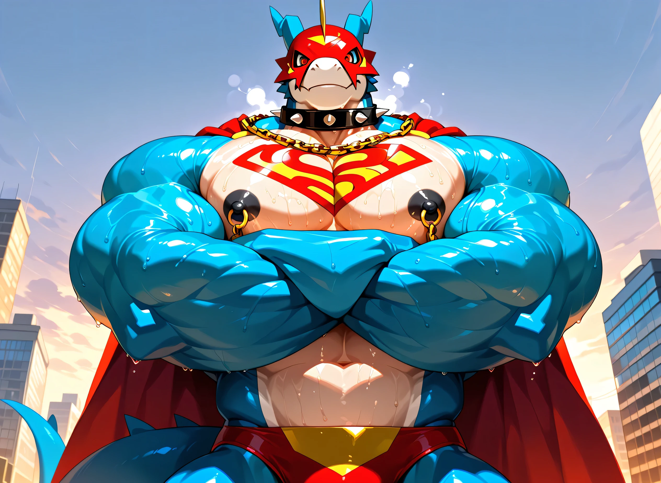 kemono, by null-ghost, by zixiong, solo, male, tail, Flamedramon, mask, red eyes, anthro, black nipples, big nipples, gold nipple rings, sweaty, handsome, broad shoulders, broad chest, huge muscular, posing, thick neck, thick arms, blue arms, pectorals crushing city, bedroom eyes, looking at viewer, smile, macro, city, buildings, wearing gold chains around neck, wearing a spiked collar on his neck, wearing superman outfit, superman symbol on center of chest, red cape, detailed background, sweaty, crossed arms, looking at viewer, low view, front view, close shot of chest and face, body fills frame, BREAK score_9_up,score_8_up,score_7_up,score_6_up,score_5_up,score_4_up