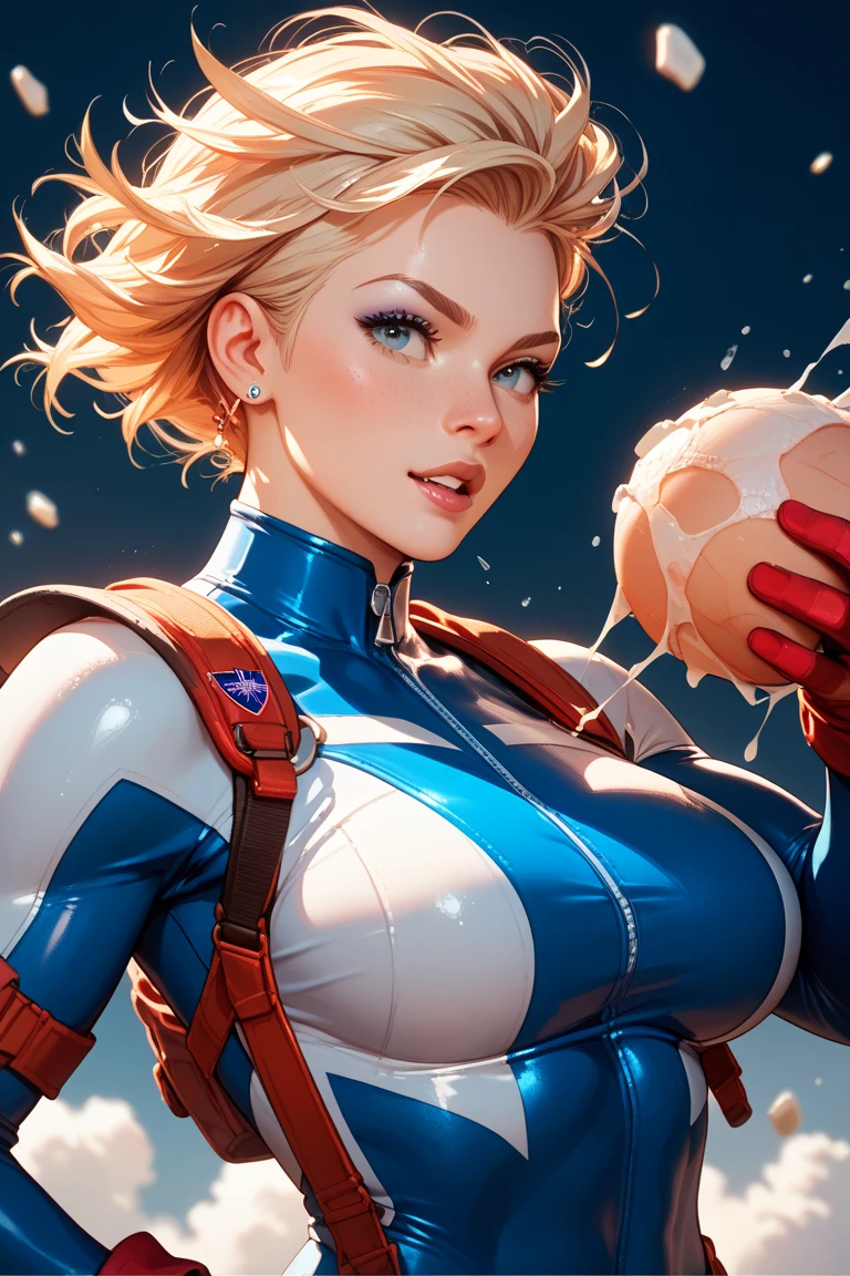 gwen tennyson,powergirl,captain marvel,y'shtola rhul,close up,atelier ryza,overwatch,mecha pilot,ocean view,tattoos,orange and silver plugsuit, white short sleeve lycra top,steel cargo pants,uncovered belly,short hair,cute makeup,green eyes,dimensional golden hair,shy smile,freckles,beautiful girl,large breasts,8k,ultra detailed,realistic,fantasy art,saiyan armor,cyborg armor,steel armor,harbor shore,military uniform,ear piercings,hair pin,super saiyan girl,saiyan female,