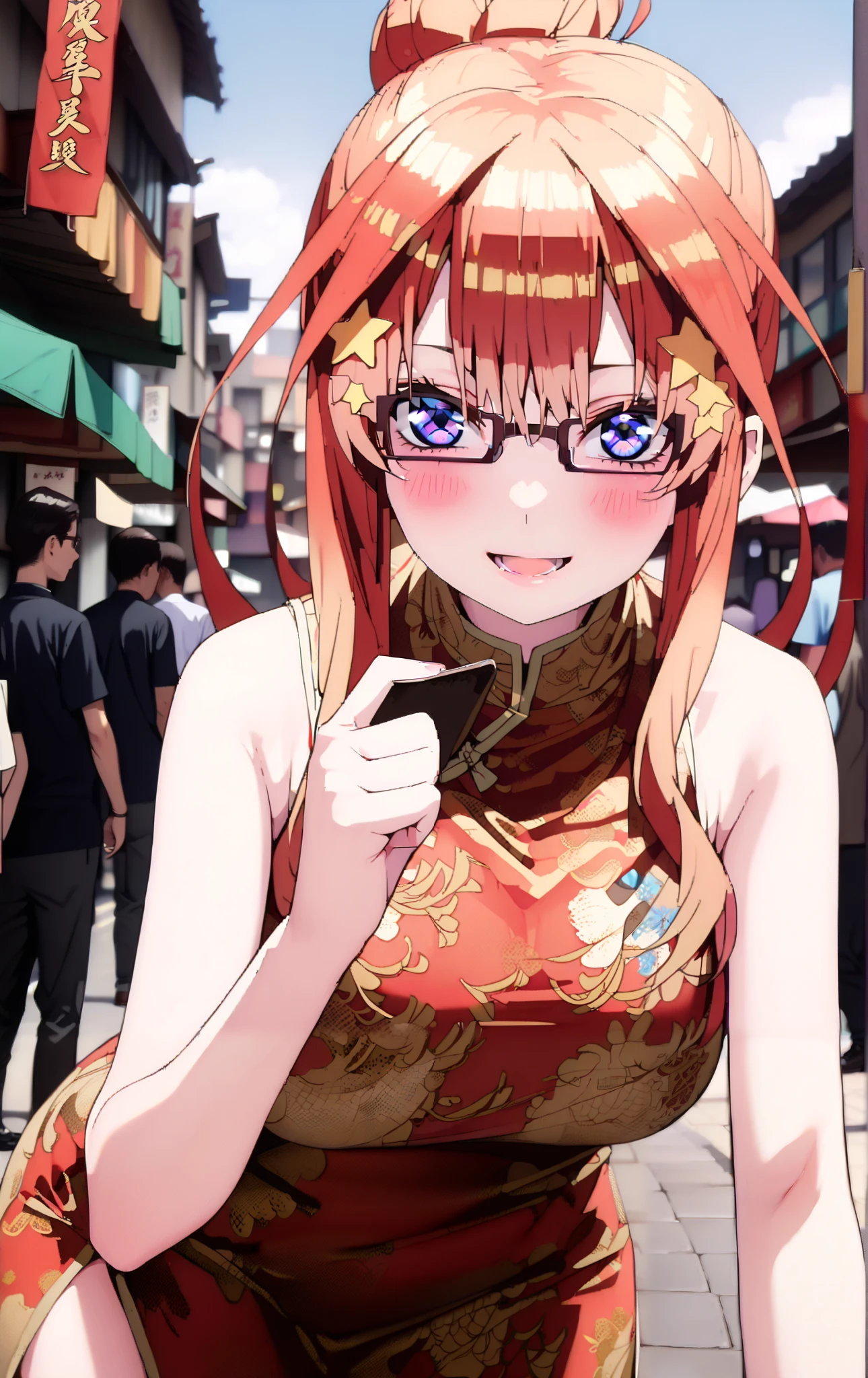 Nakano Mizuki , long hair, blue eyes, hair ornament, red hair, hair bun , star ( symbol ), Lick the boy's penis with half-framed glasses , glasses under the rim, star hair ornament, smile,blush, open the mouth,sleeveless red china clothes,Big Breasts,Long slit,Bare legs, pin heels, standing,noon, angle from below,whole bodyがイラストに入るように,
break outdoors, Chinatown,
break looking at viewer,whole body,
break ( Masterpiece:1.2), top quality , kampala, Unity 8k Wallpaper,(shape:0.8),( fine, beautiful eyes :1.6),It's a person ,whole body写真,CG Details , ( perfect hands, Complete Anatomy),