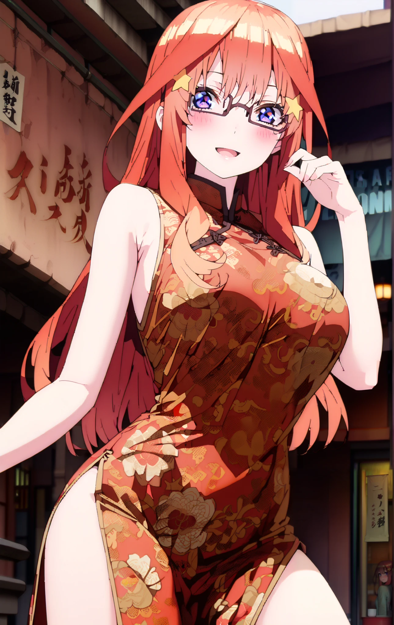 Nakano Mizuki , long hair, blue eyes, hair ornament, red hair, hair bun , star ( symbol ), Lick the boy's penis with half-framed glasses , glasses under the rim, star hair ornament, smile,blush, open the mouth,sleeveless red china clothes,Big Breasts,Long slit,Bare legs, pin heels, standing,noon, angle from below,whole bodyがイラストに入るように,
break outdoors, Chinatown,
break looking at viewer,whole body,
break ( Masterpiece:1.2), top quality , kampala, Unity 8k Wallpaper,(shape:0.8),( fine, beautiful eyes :1.6),It's a person ,whole body写真,CG Details , ( perfect hands, Complete Anatomy),