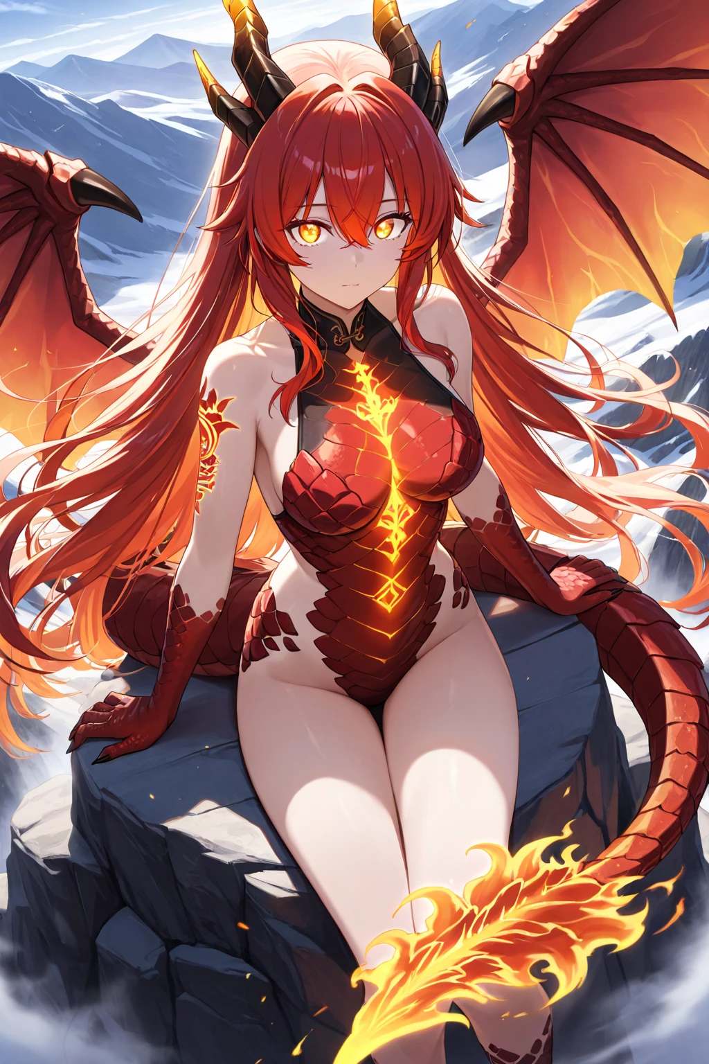 red long hair abs woman,goddess,cleavage,red dragon horn,red dragon wing,red dragon scales,Dragon Tail,Thong,,barefoot,whole body,Standing,Volcanic lava