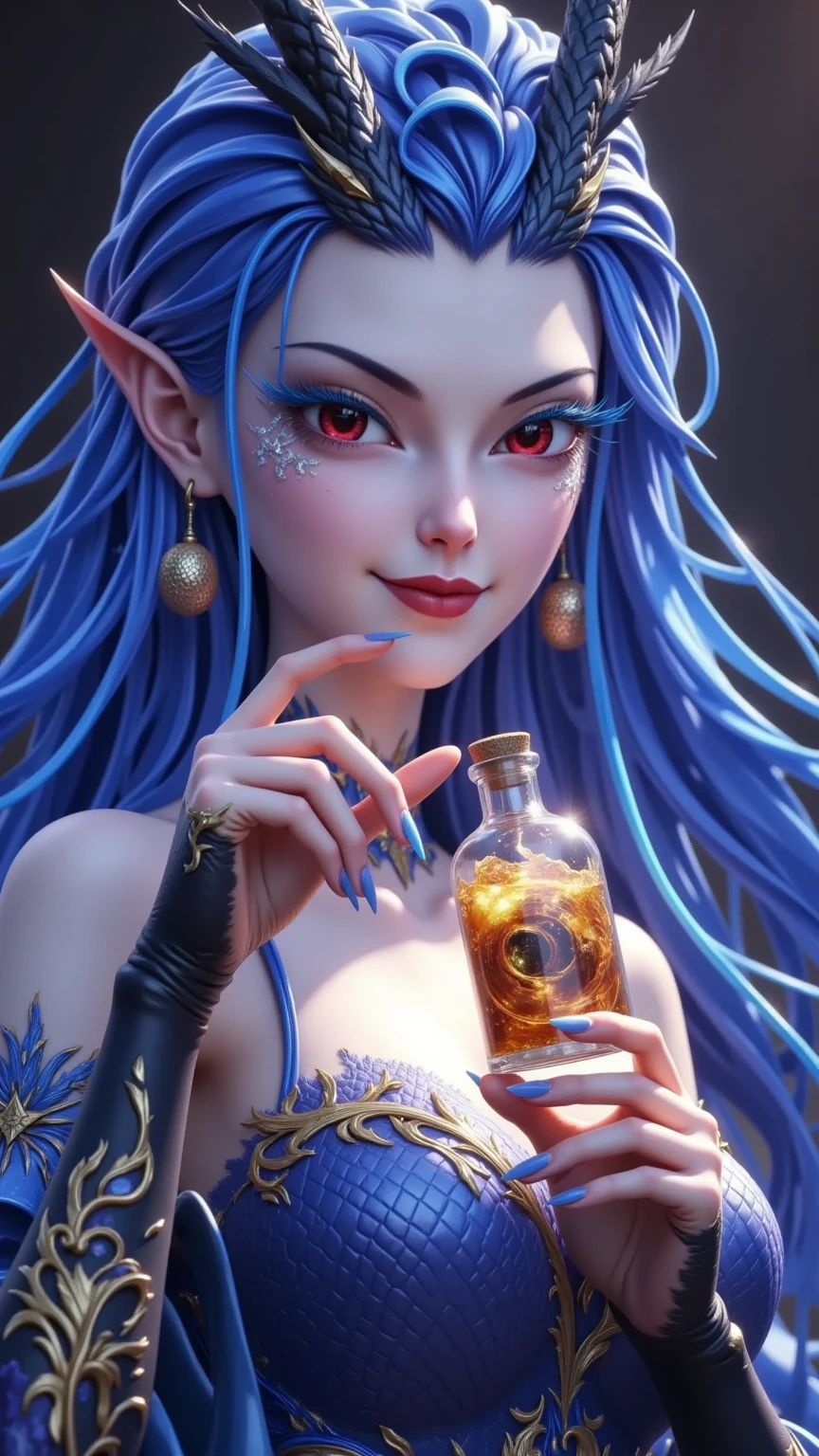 (masterpiece), best quality, expressive eyes, perfect face,1girl,(slime girl),breast,(blue skin),(blue skin), food, solo, sitting, red eyes, pointy ears, fruit, long hair, cleavage, holding, monster girl, large breasts, earrings, cup, colored skin, blue hair, jewelry, lemon slice, lemon, chair, wide sleeves, water, looking at viewer, outdoors, bangs, holding cup, cheese, wet, bare shoulders, closed mouth, sparkle, dress, sky, drinking straw, ice, day, long sleeves, very long hair, braid, ice cube