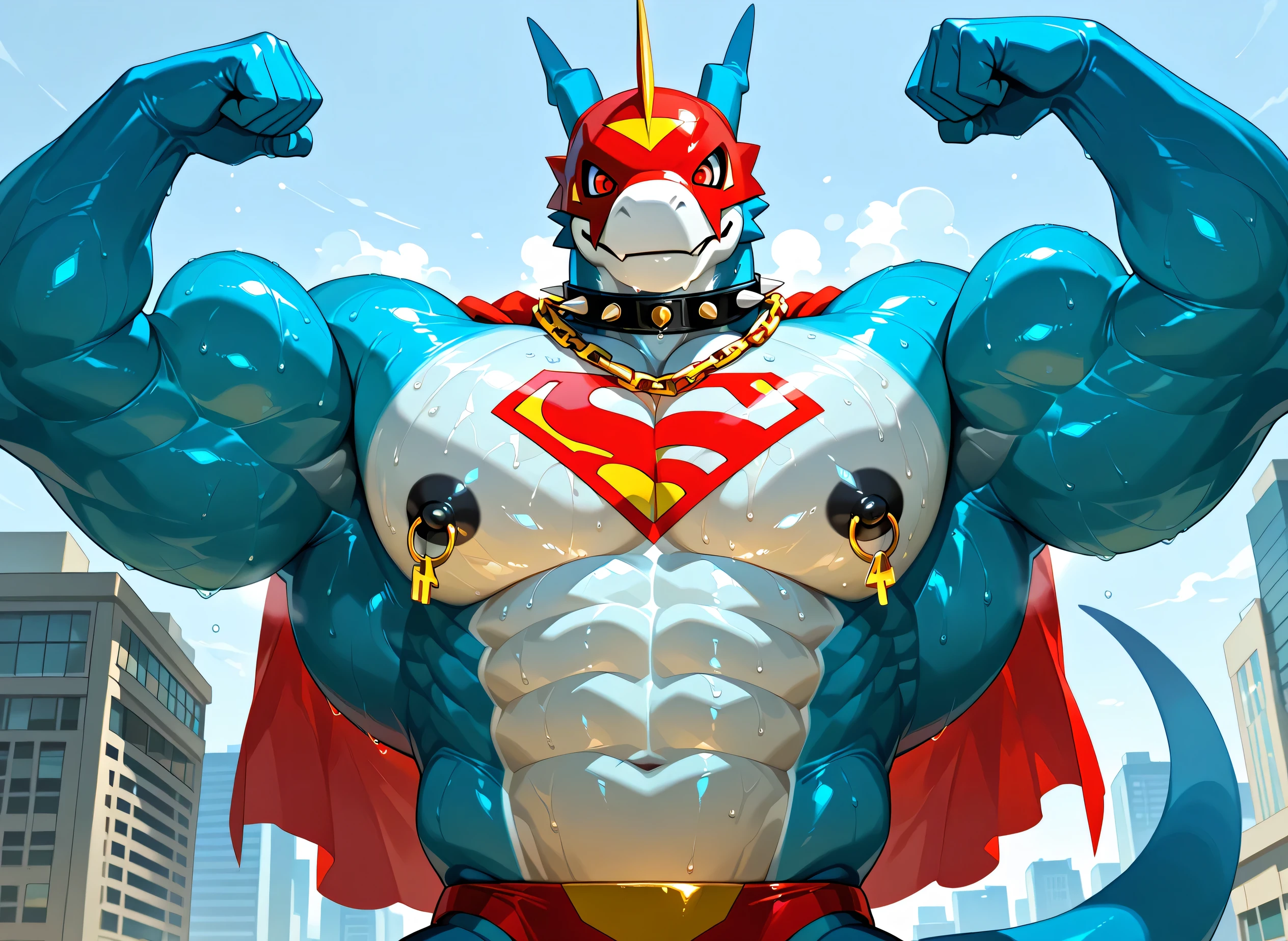 kemono, by null-ghost, by zixiong, solo, male, tail, Flamedramon, mask, red eyes, anthro, black nipples, big nipples, gold nipple rings, sweaty, handsome, broad shoulders, broad chest, huge muscular, posing, thick neck, thick arms, blue arms, pectorals crushing city, bedroom eyes, looking at viewer, smile, macro, city, buildings, wearing gold chains around neck, wearing a spiked collar on his neck, wearing superman outfit, superman symbol on center of chest, red cape, detailed background, sweaty, flexing, looking at viewer, low view, front view, close shot of chest and face, body fills frame, BREAK score_9_up,score_8_up,score_7_up,score_6_up,score_5_up,score_4_up