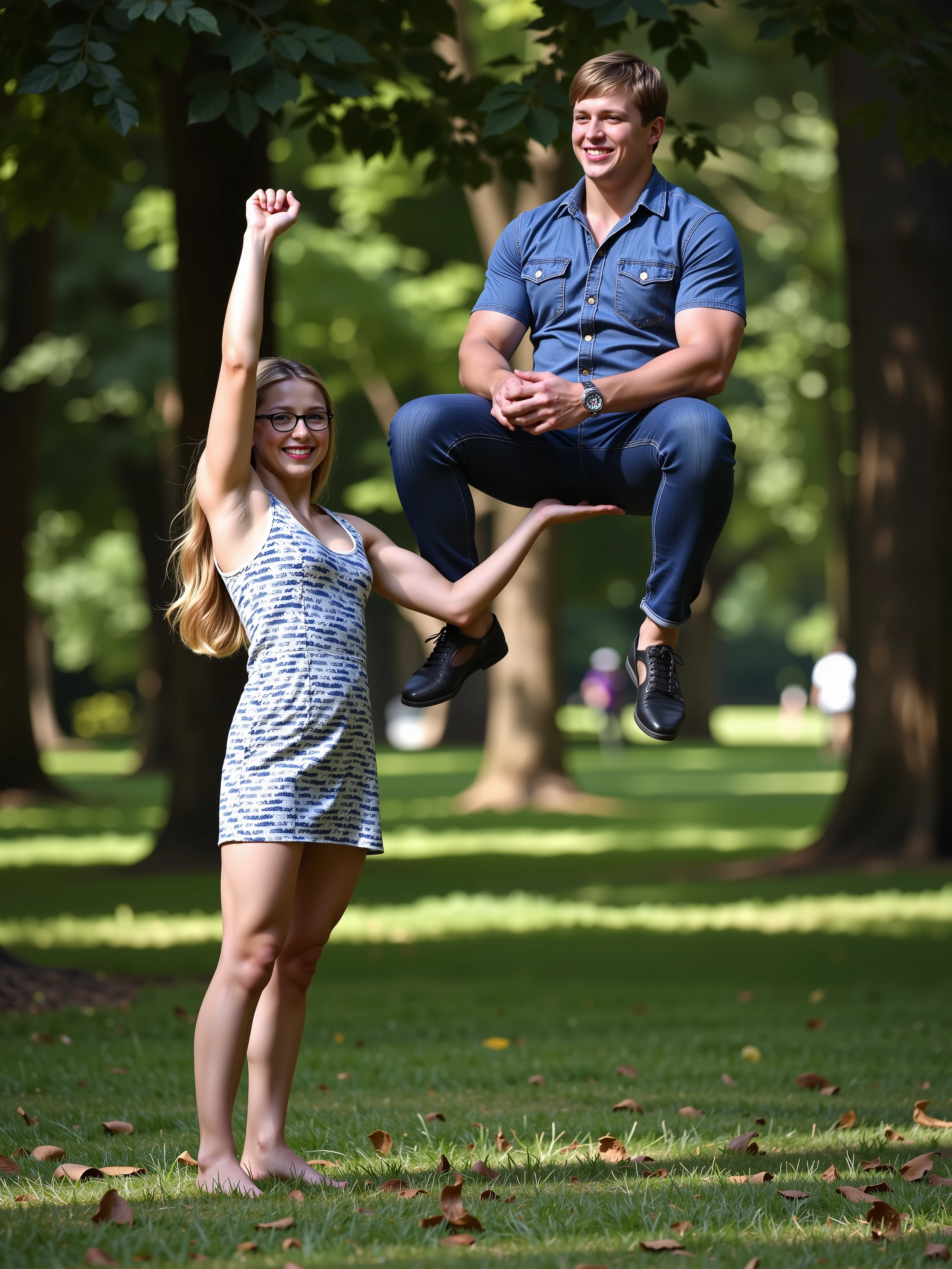 A longshot photograph capturing a petite, athletic, slim,  girl with her arm straight up while effortlessly holding a larger man aloft sitting on the palm of her left hand. [The girl has long blonde hair and is dressed in a sun dress, 5’ tall, cleavage, glasses, muscular, smiling while exuding confidence. She is flexing her right bicep]. [The man is large, 6’ tall, wearing jeans and a blue shirt, is relaxed and sitting on her hand]. The setting is a park, with soft, natural light filtering through, casting subtle shadows.