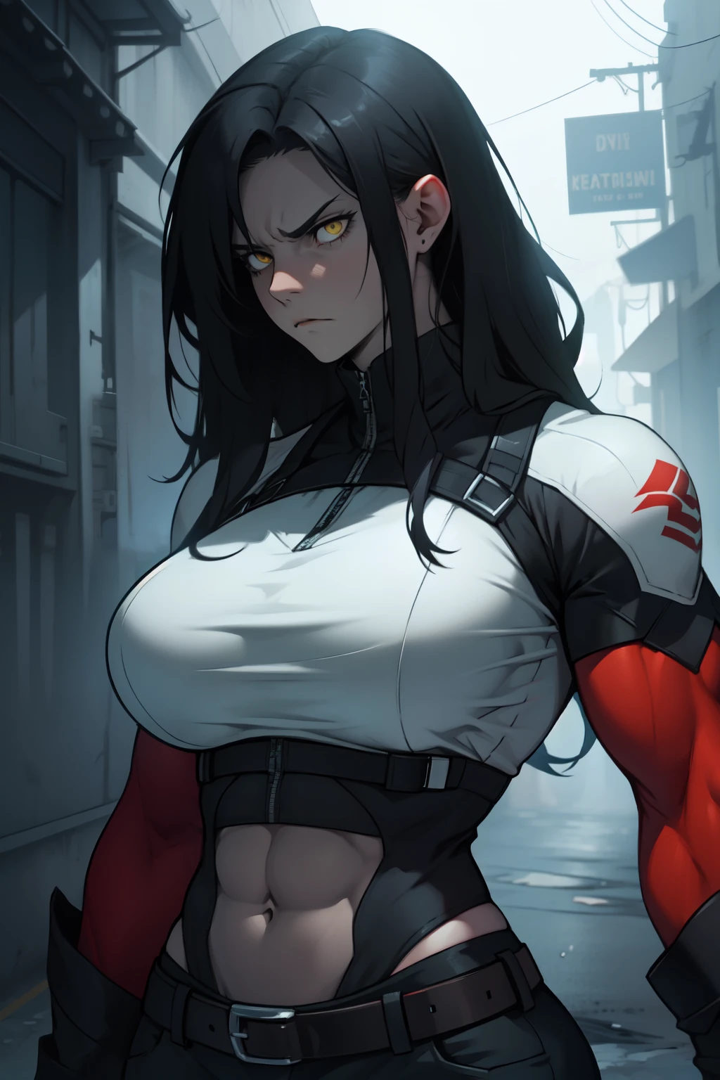 muscular woman massive breasts disdain disgusted annoyed disappointed pale skin black hair yellow eyes
