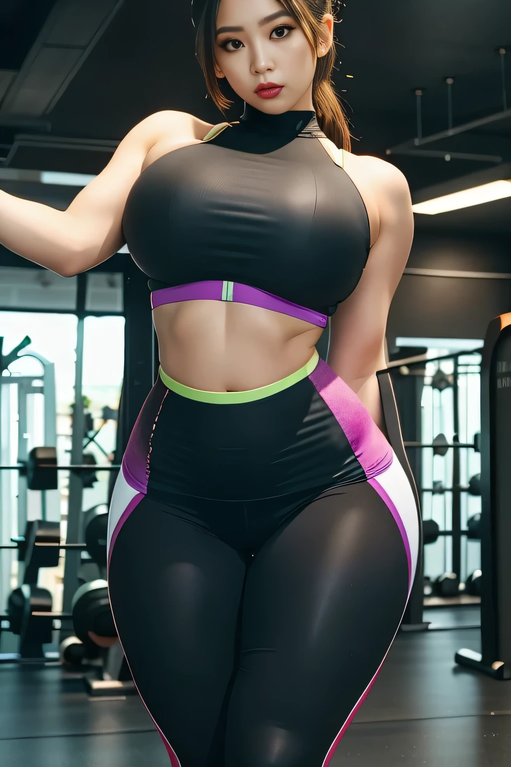 1 woman, woman wearing a hijab, Asian woman, big and round breasts, big hips, wearing a tank top without a bra, wearing pink tights, standing stunningly like an adult magazine model in the gym