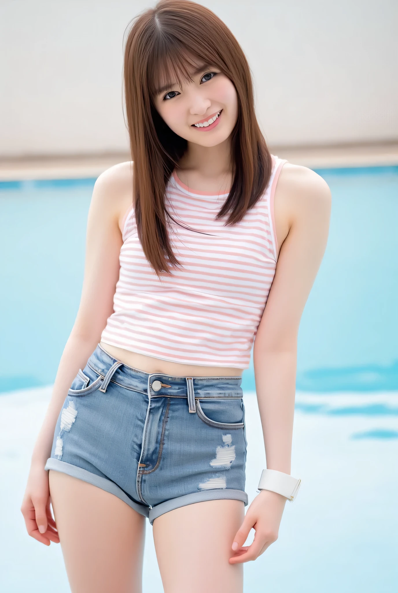 The image shows a young woman named Aya standing with one hand on her hip and smiling shyly. She has long straight hair with bangs. She is wearing a cropped, white and Chinese pink horizontally striped sleeveless top and distressed denim shorts that reveal her thighs. She is wearing white platform sandals with ankle straps. The background appears to be an outdoor poolside setting.