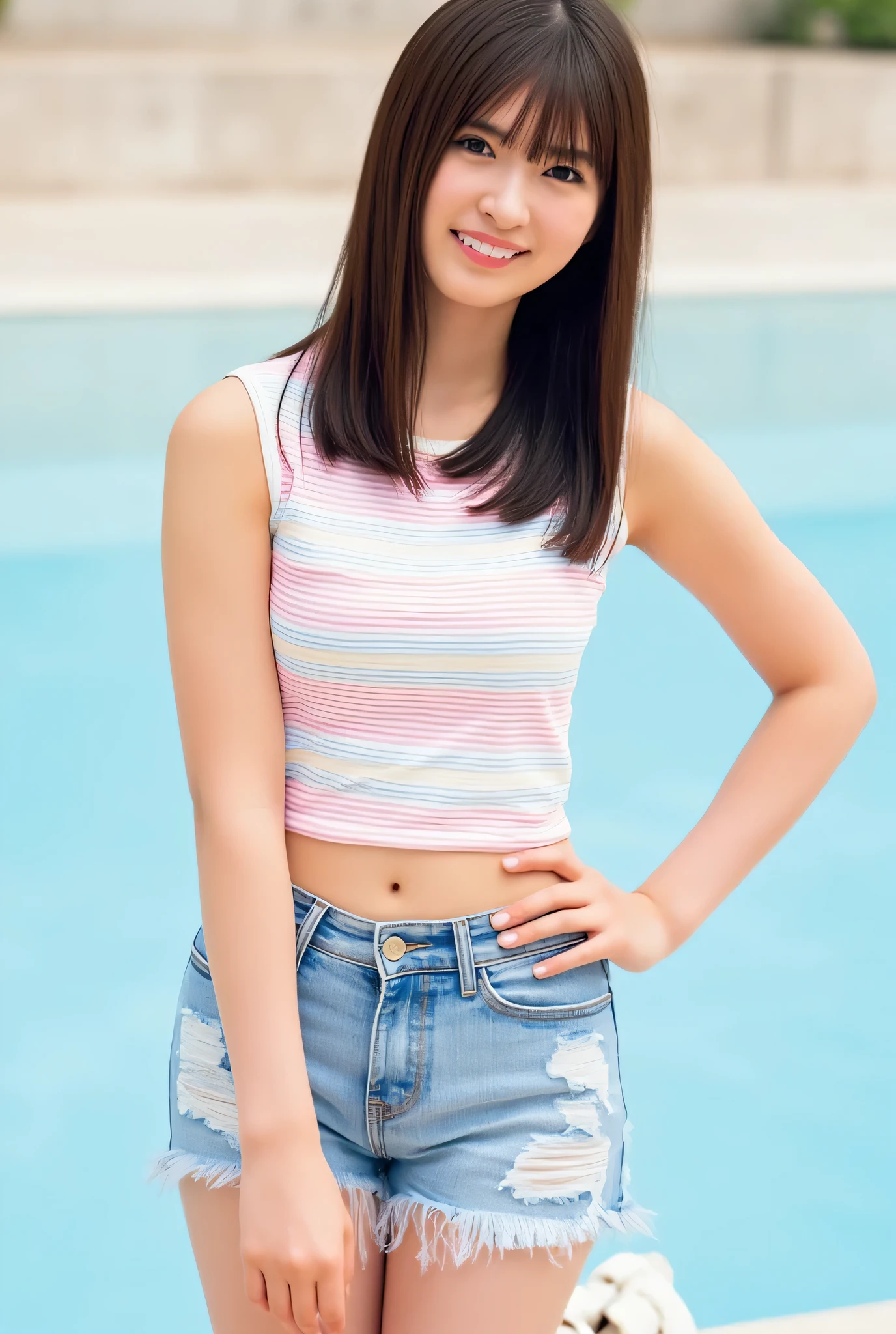 The image shows a young woman named Aya standing with one hand on her hip and smiling shyly. She has long straight hair with bangs. She is wearing a cropped, white and Chinese pink horizontally striped sleeveless top and distressed denim shorts that reveal her thighs. She is wearing white platform sandals with ankle straps. The background appears to be an outdoor poolside setting.