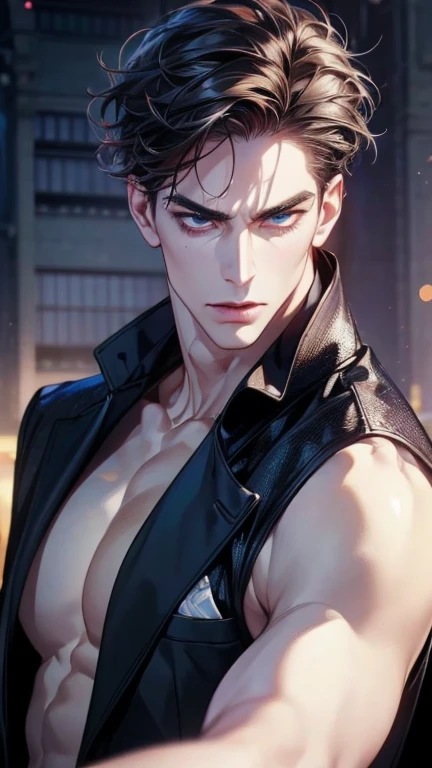 a muscular young man with black hair, red eyes, intense expression, detailed face, 23 years old, powerful, handsome, cinematic lighting, striking colors, epic, dramatic, moody, dark fantasy, digital art, octane render, hyper detailed, award winning, cinematic composition, volumetric lighting, photorealistic, 8k, best quality