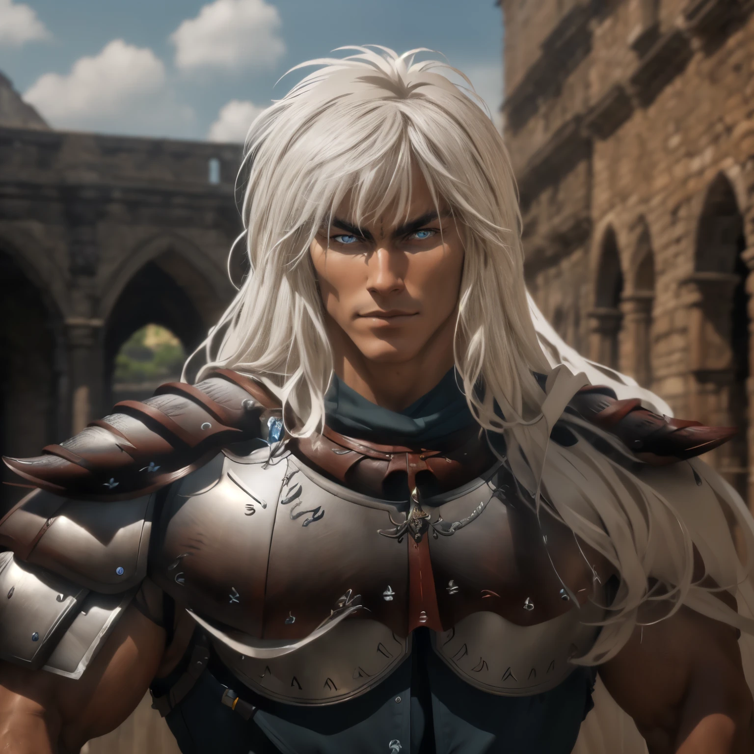(8k, RAW photo, best quality, masterpiece:1.2), (realistic, photo-realistic:1.4), ultra-detailed, (high detailed skin:1.2), warrior male tanned skin, blue eyes, long white hair, handsome 1man. ((wearing armor))